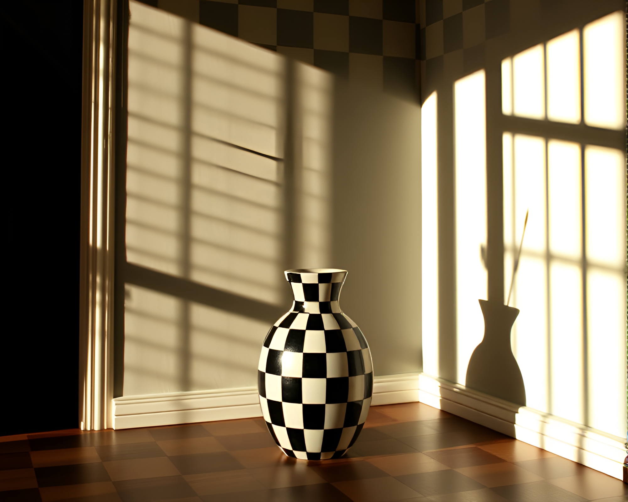 Retro Vase Arrangement in Checkered Attic Shadow – free AI stock image