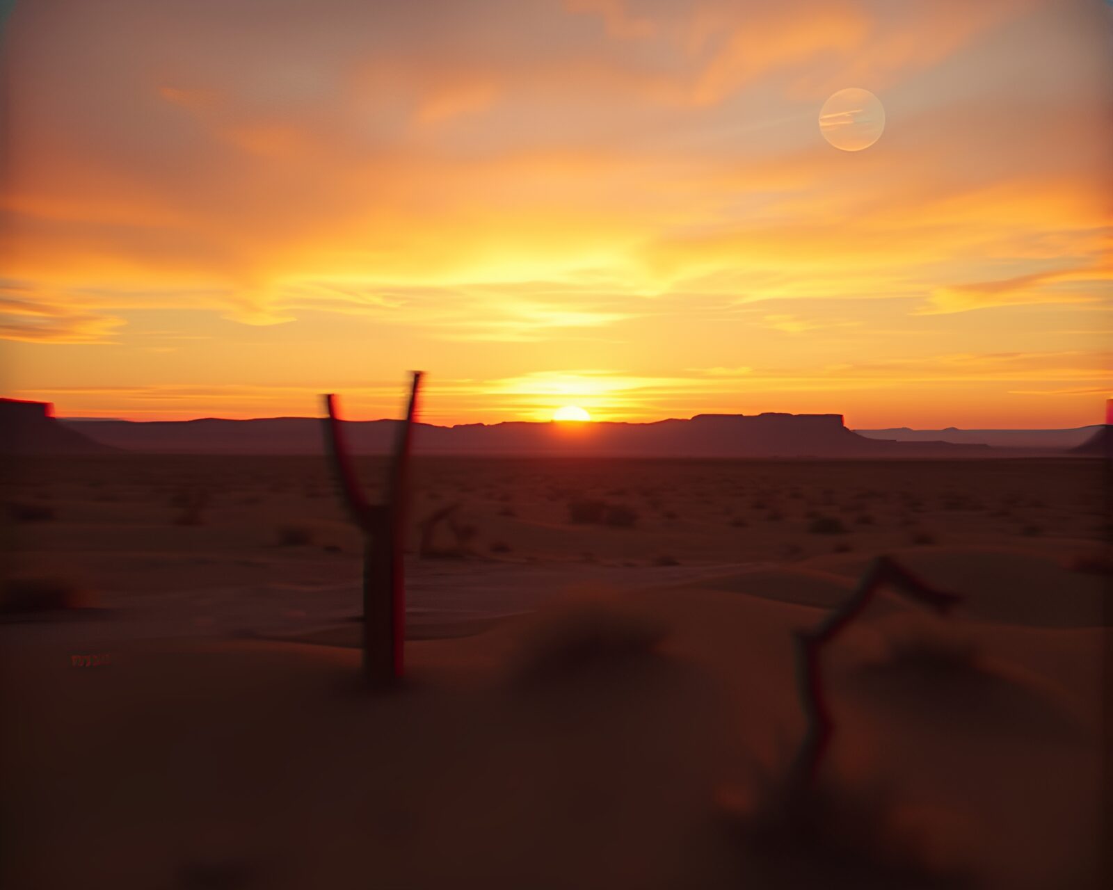 Desert sunset scene with eerie lens distortion and digital glitch effects