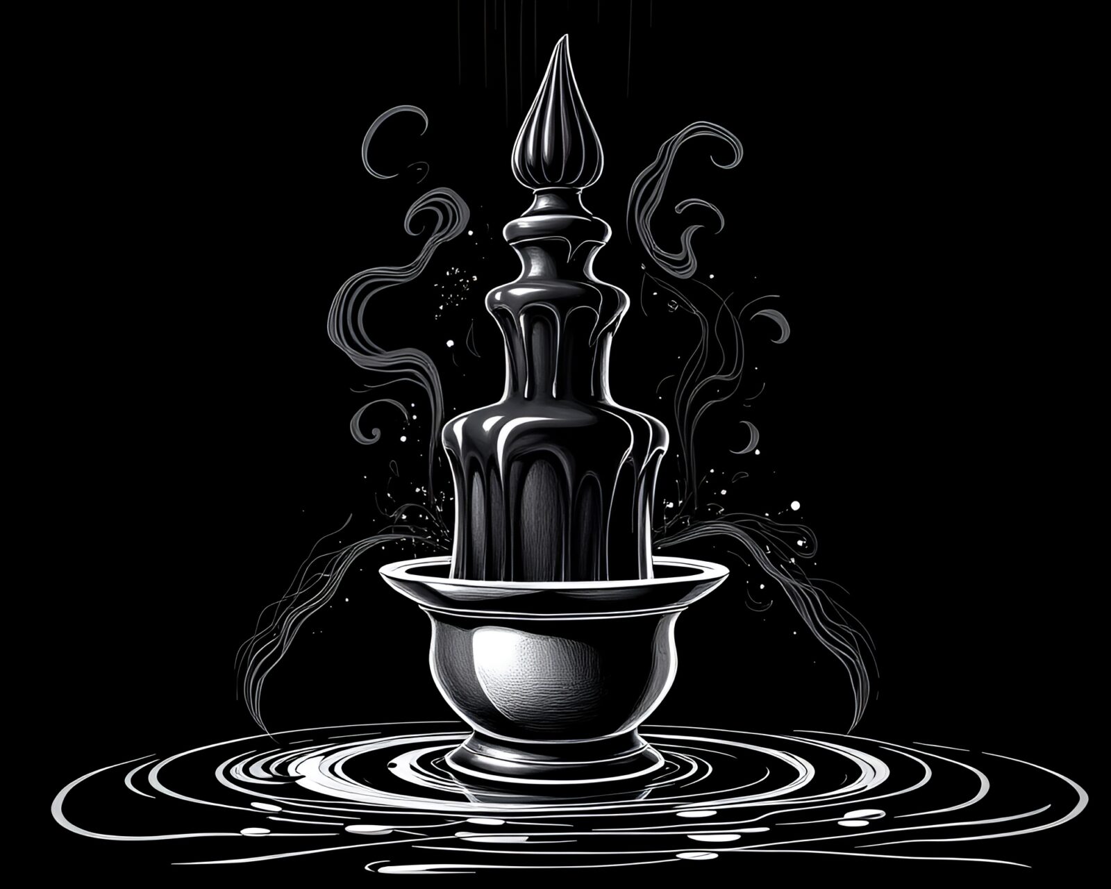 Retro video game artwork of a dark chocolate fountain
