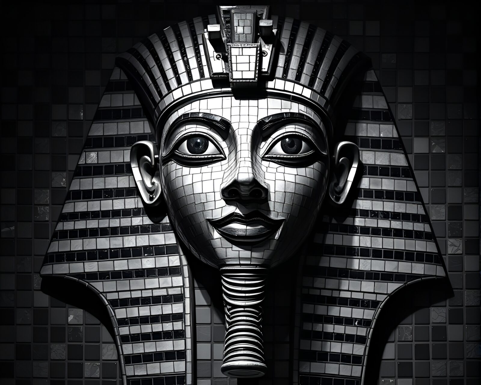Detailed monochrome mosaic of a Pharaoh's mask design.