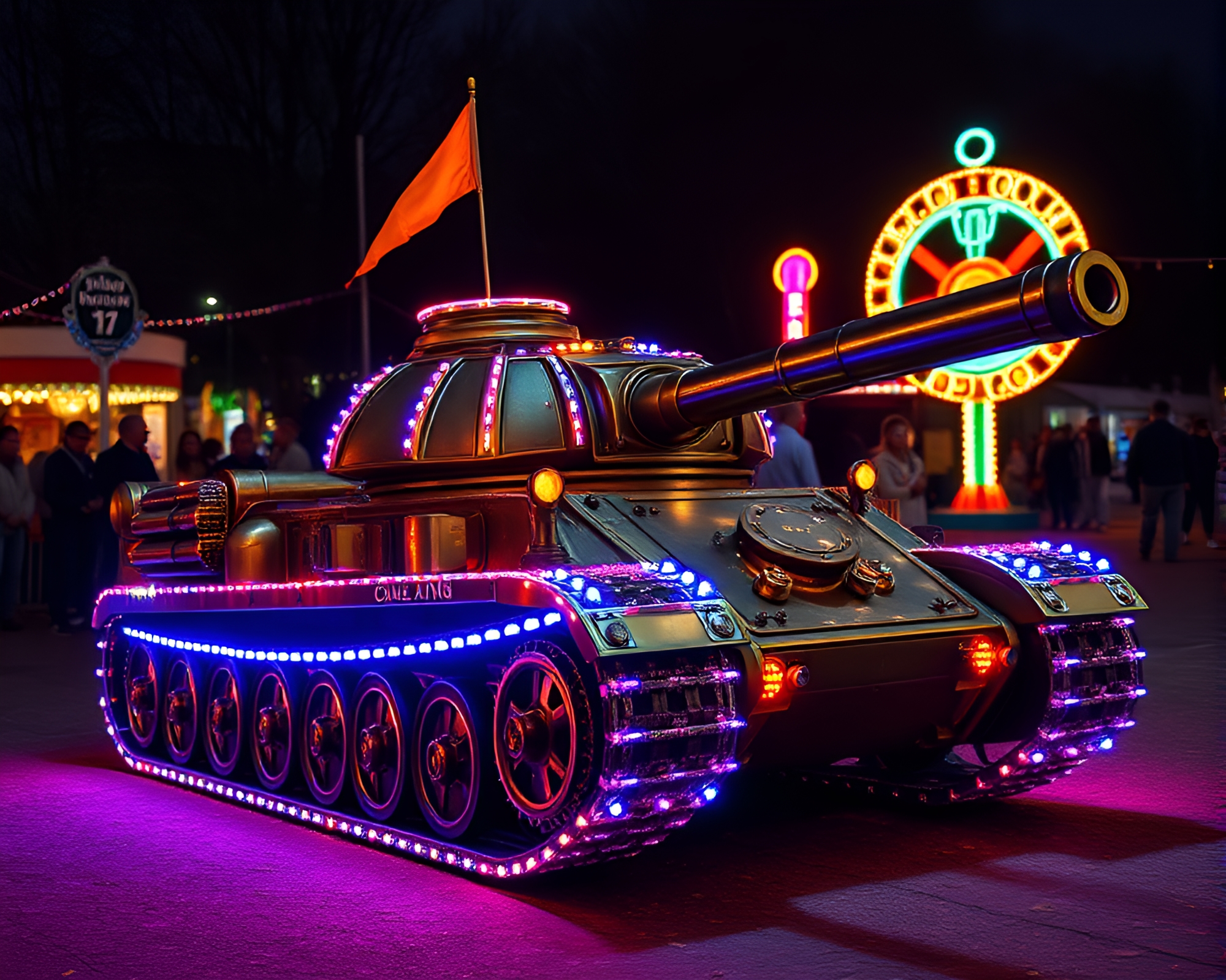 Bronze Patina Armored Tank Amid Carnival LED Lights – free AI stock image