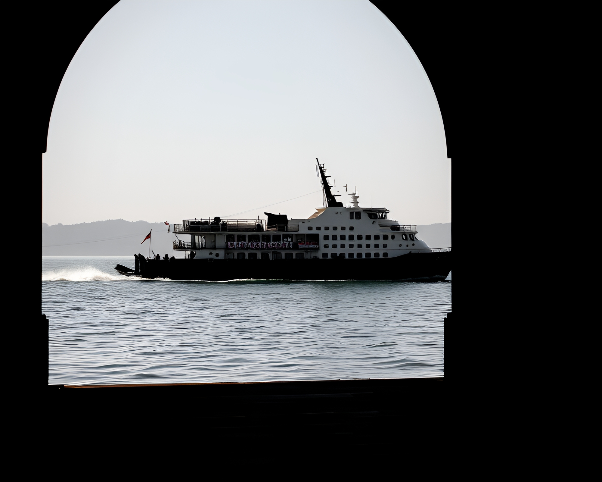 Hydrofoil Boat Pier Framed by Architecture in Color Splash – free AI stock image