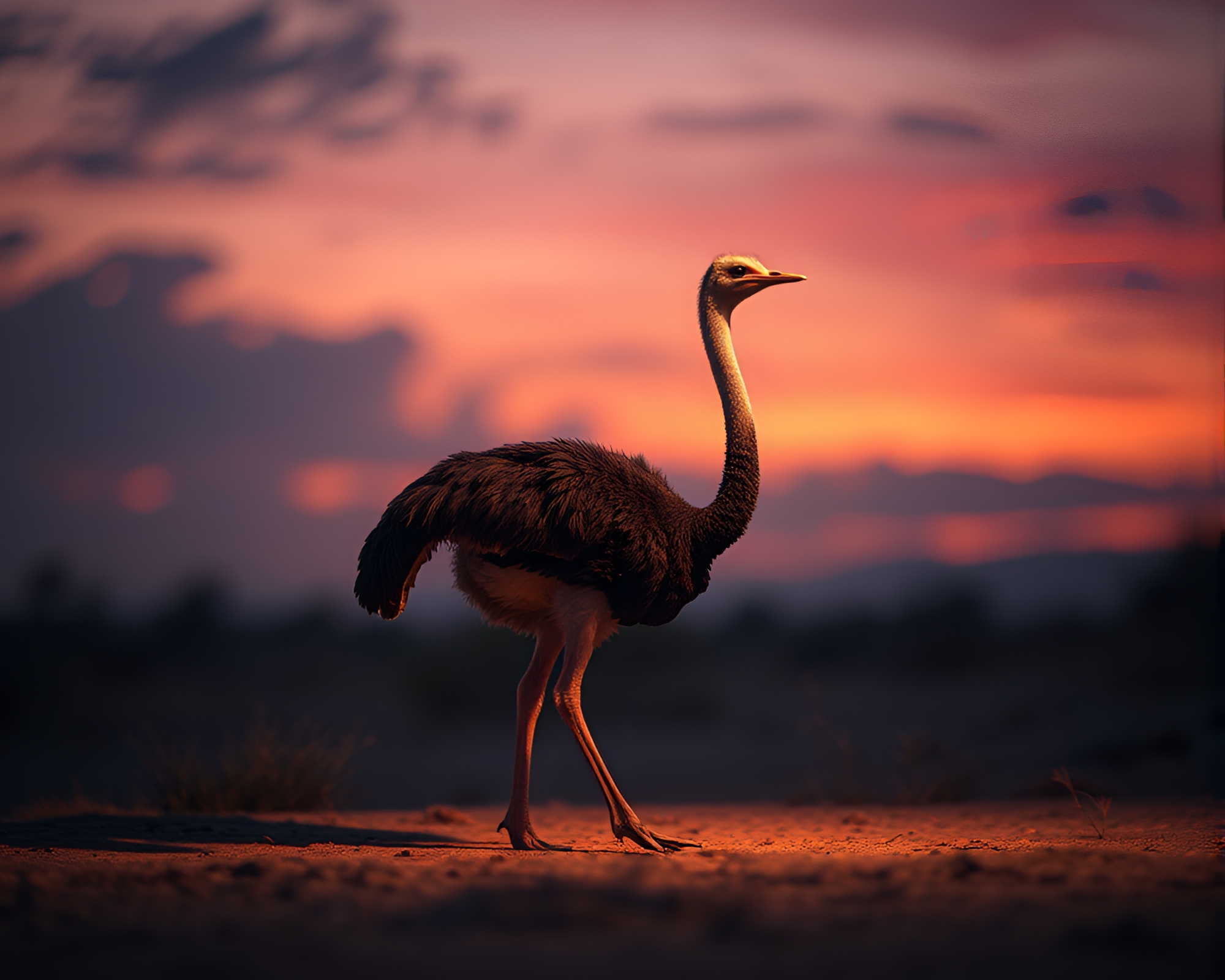 Elegant Ostrich in Twilight Fabric Folds – free AI stock image