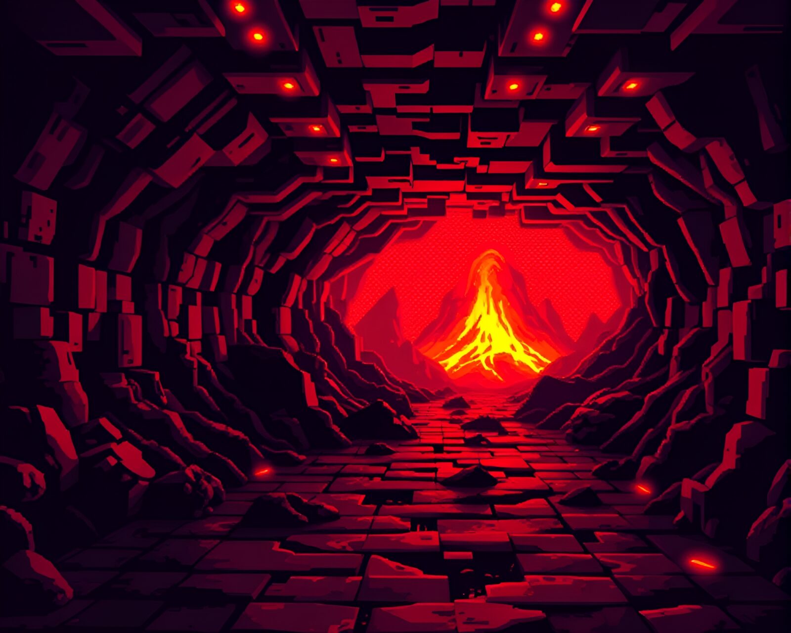 16-bit style image of an LED pixel grid in underground bunker with volcano-red glow