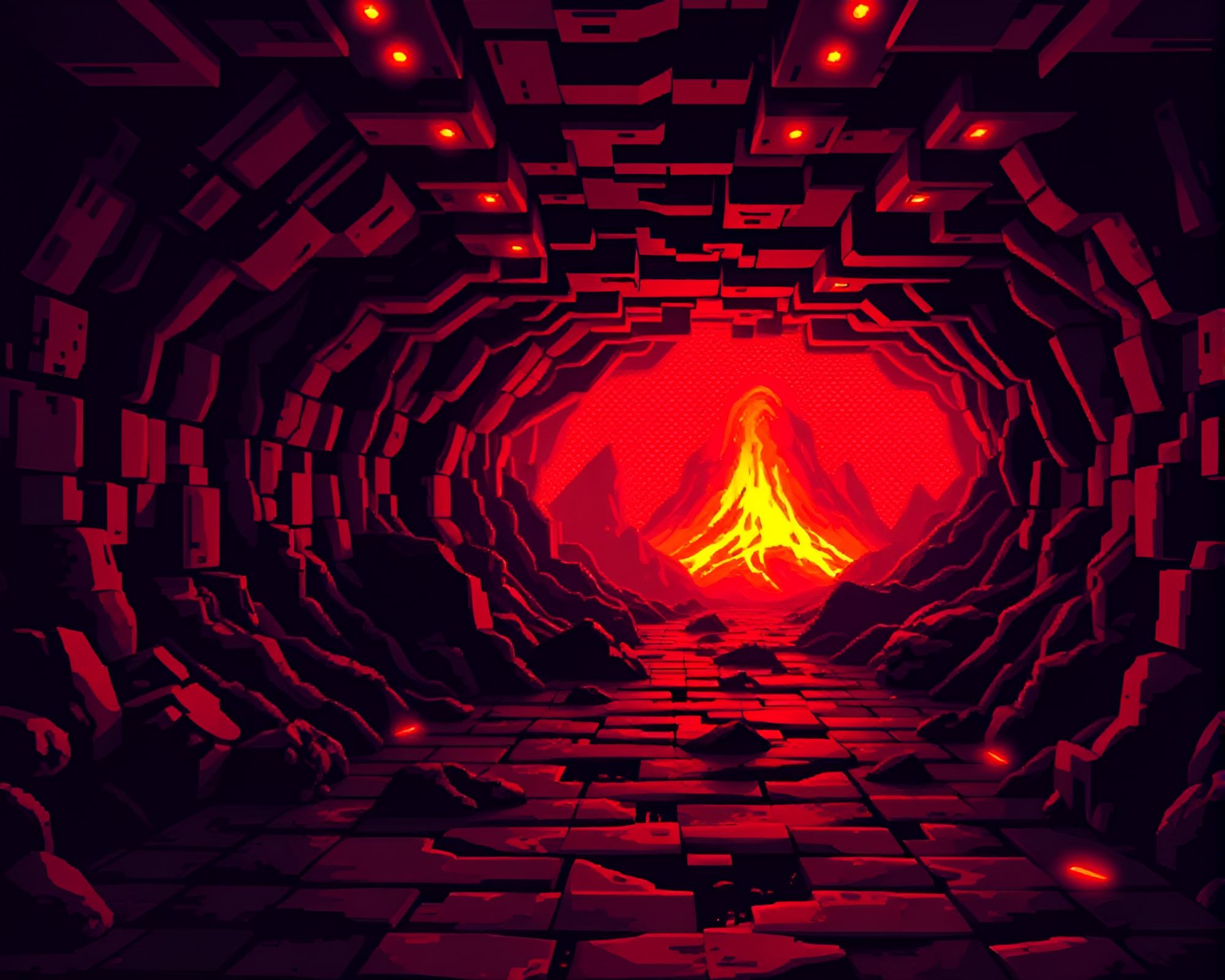 16-bit LED Pixel Grid in Volcano Underground Bunker – free AI stock image