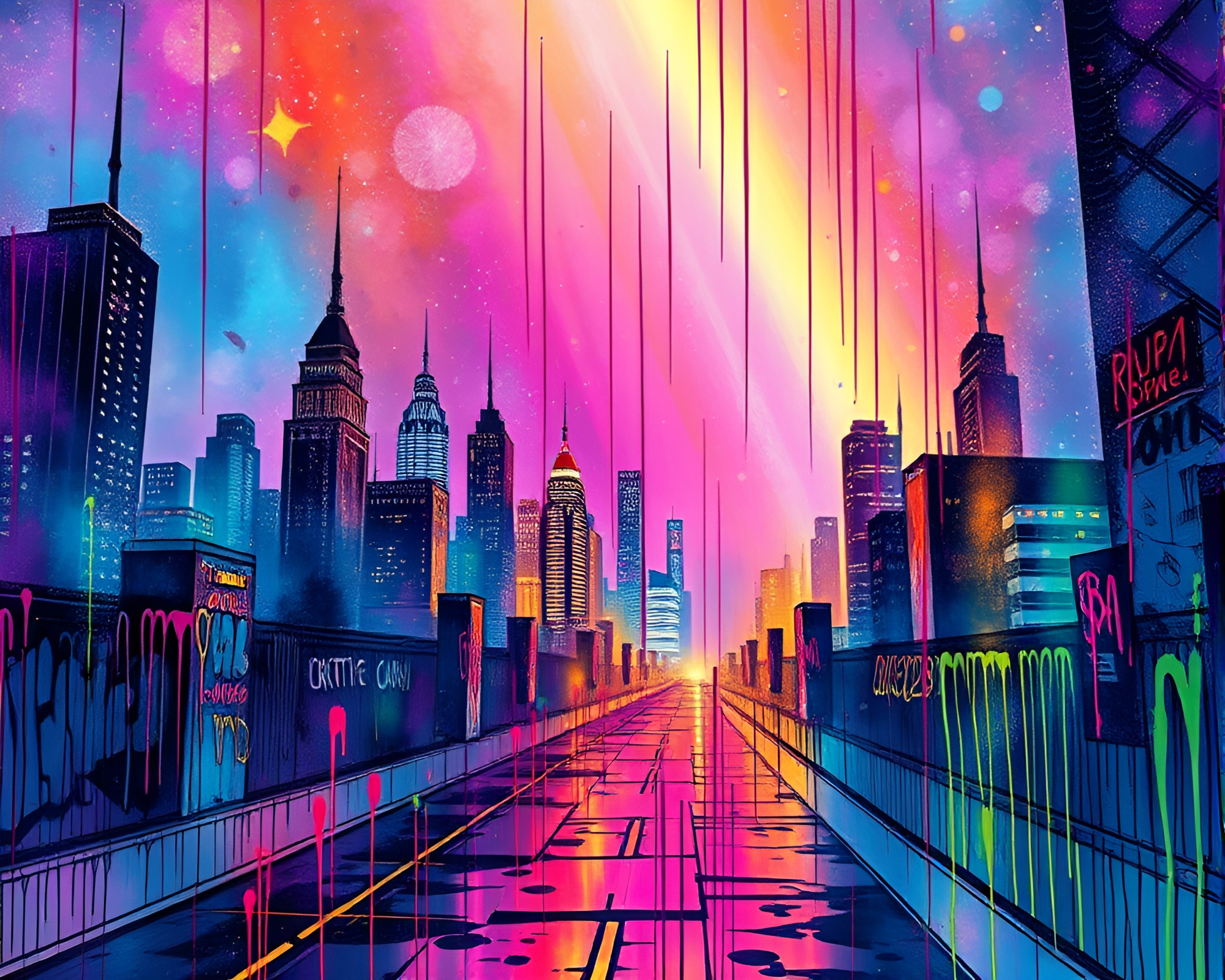 Virtual Cosmic Cityscape Graffiti Drips – free AI stock image