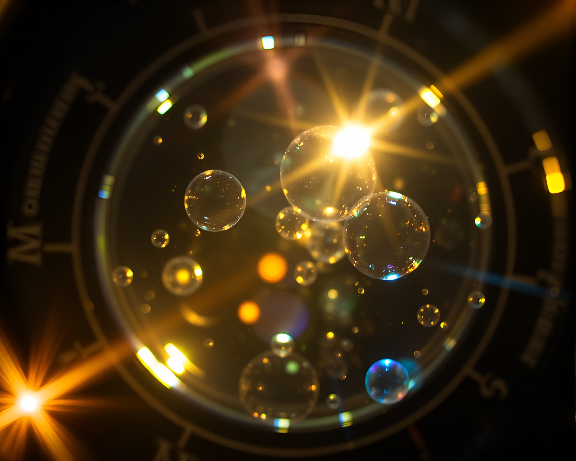 Antique Compass Surrounded by Bubble Clusters and Lens Flare Bursts – free AI stock image