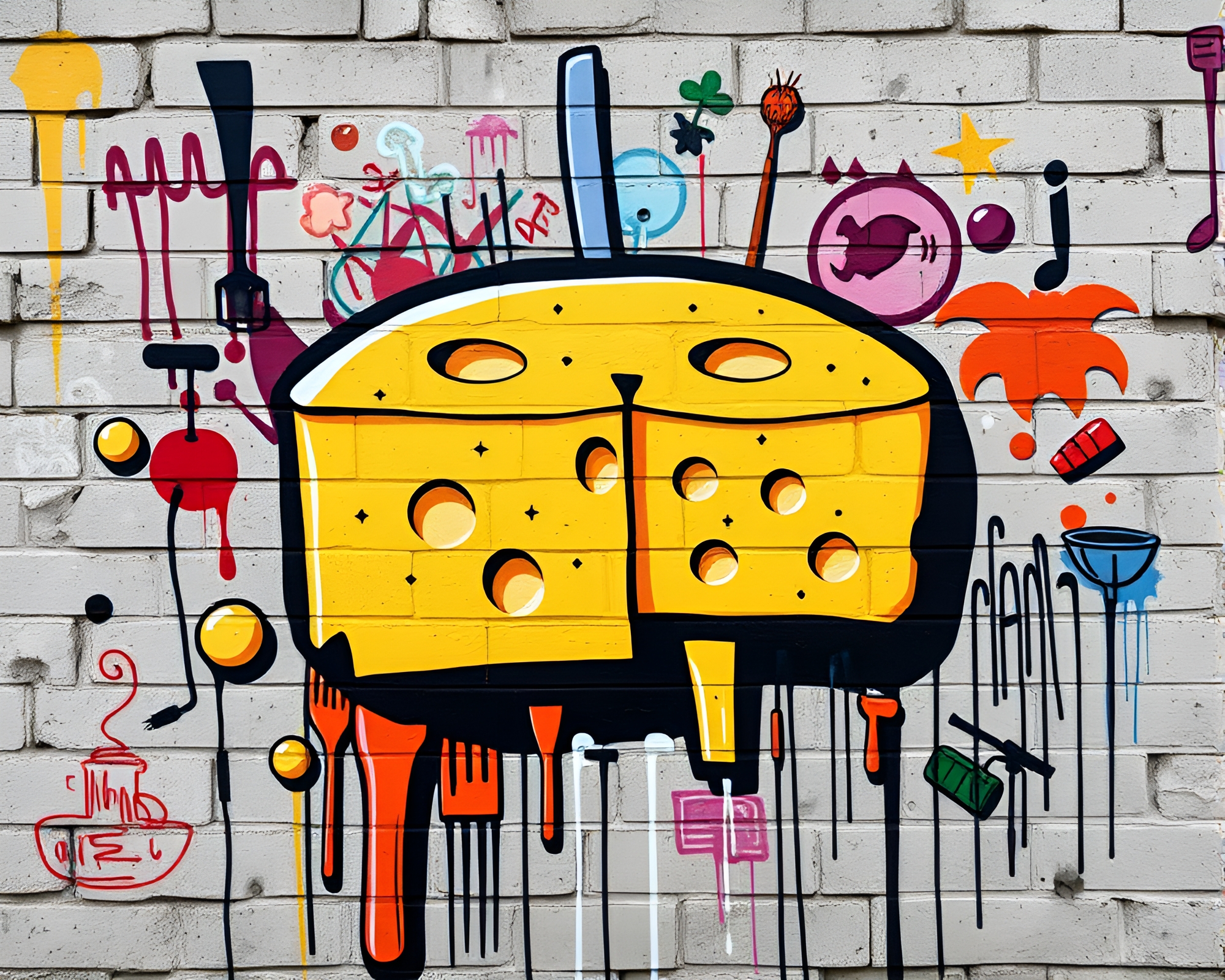 Abstract Cheese Platter Graces Urban Mural Graffiti – free AI stock image