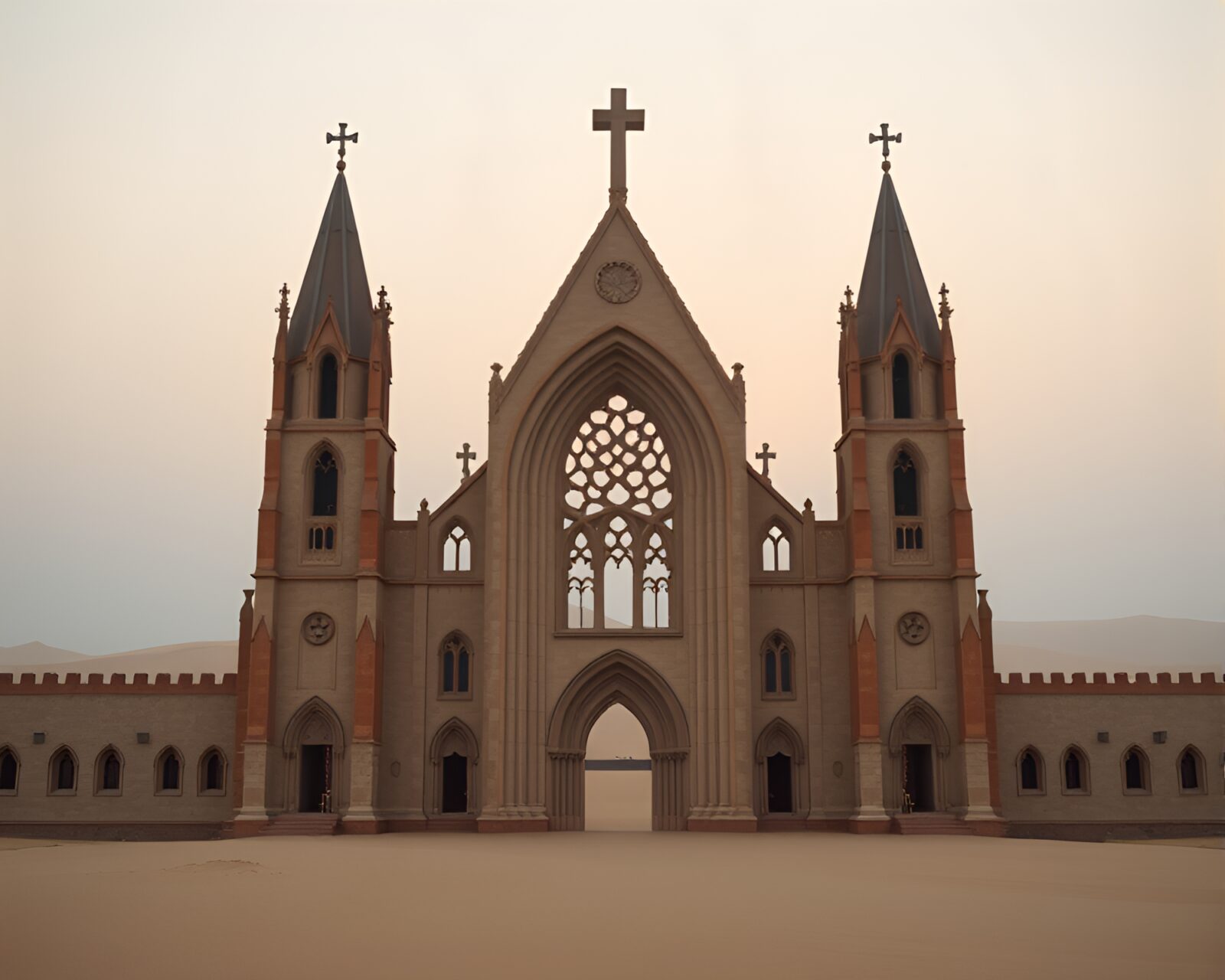Flat design Gothic cathedral amidst desert sands in rule of thirds framing