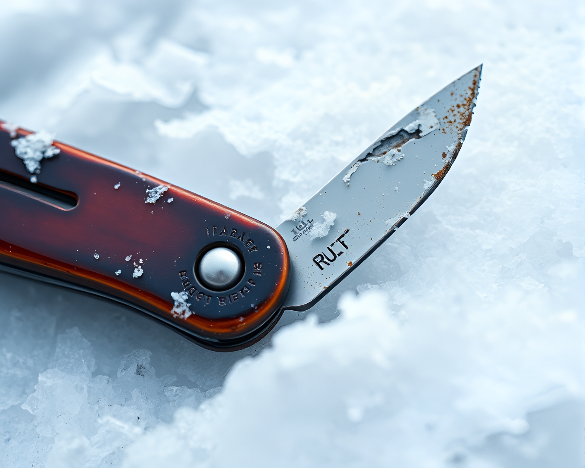 Rusty Pocketknife Cutting Torn Edges in Antarctic Whiteout – free AI stock image