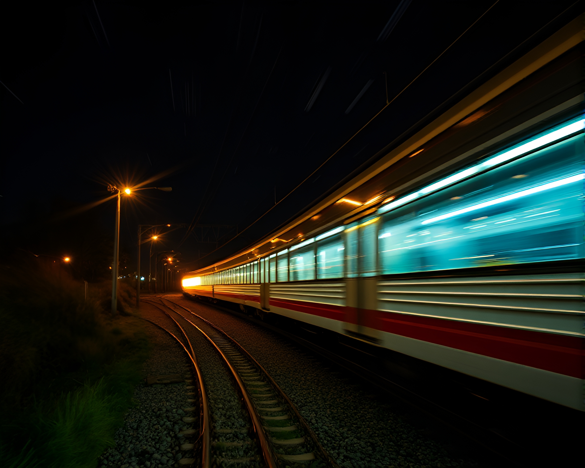 Quantum Train Light Trails in Firefly Ambiance – free AI stock image