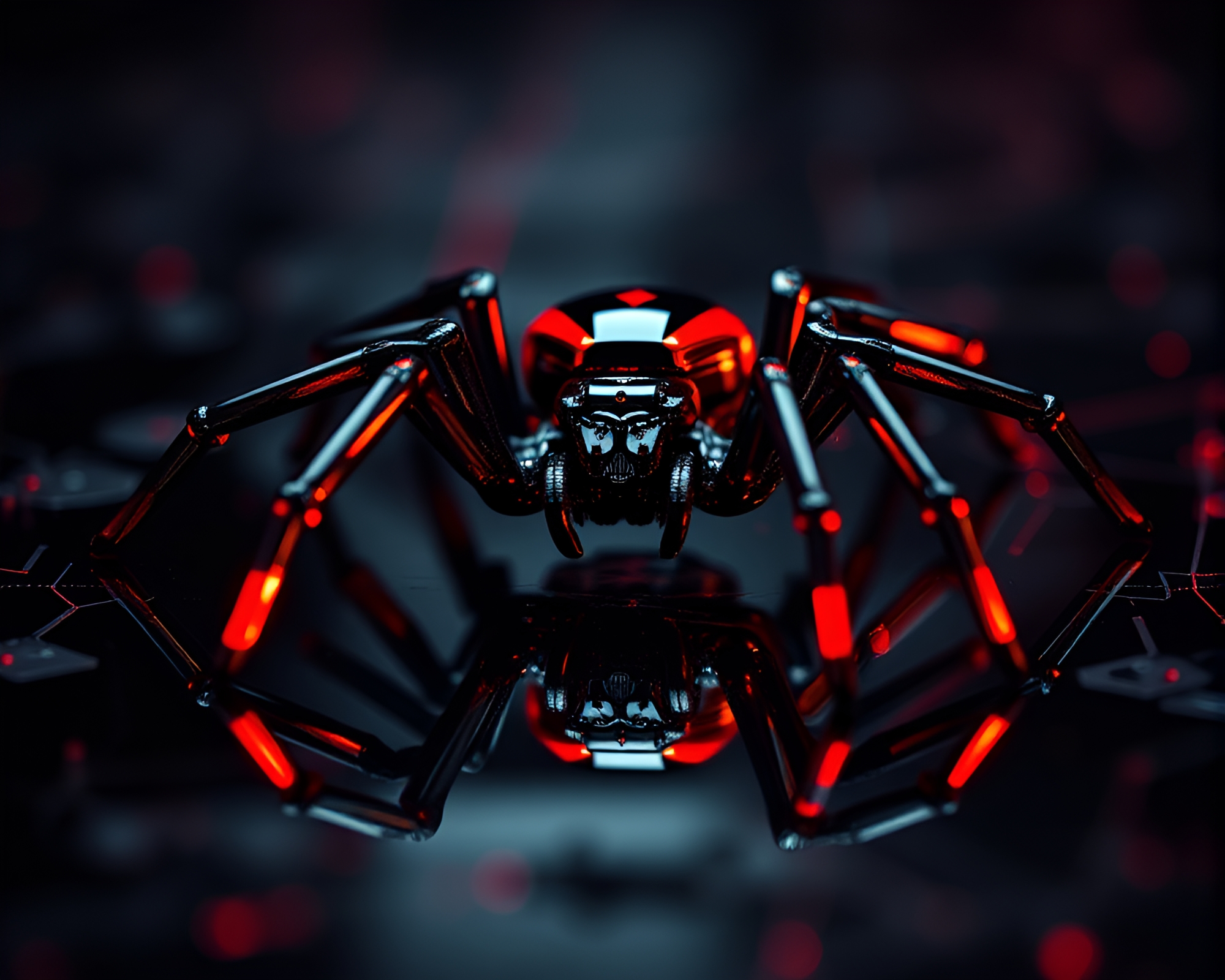 Glistening Ruby Red Mechanical Spider Reflections – free AI stock image