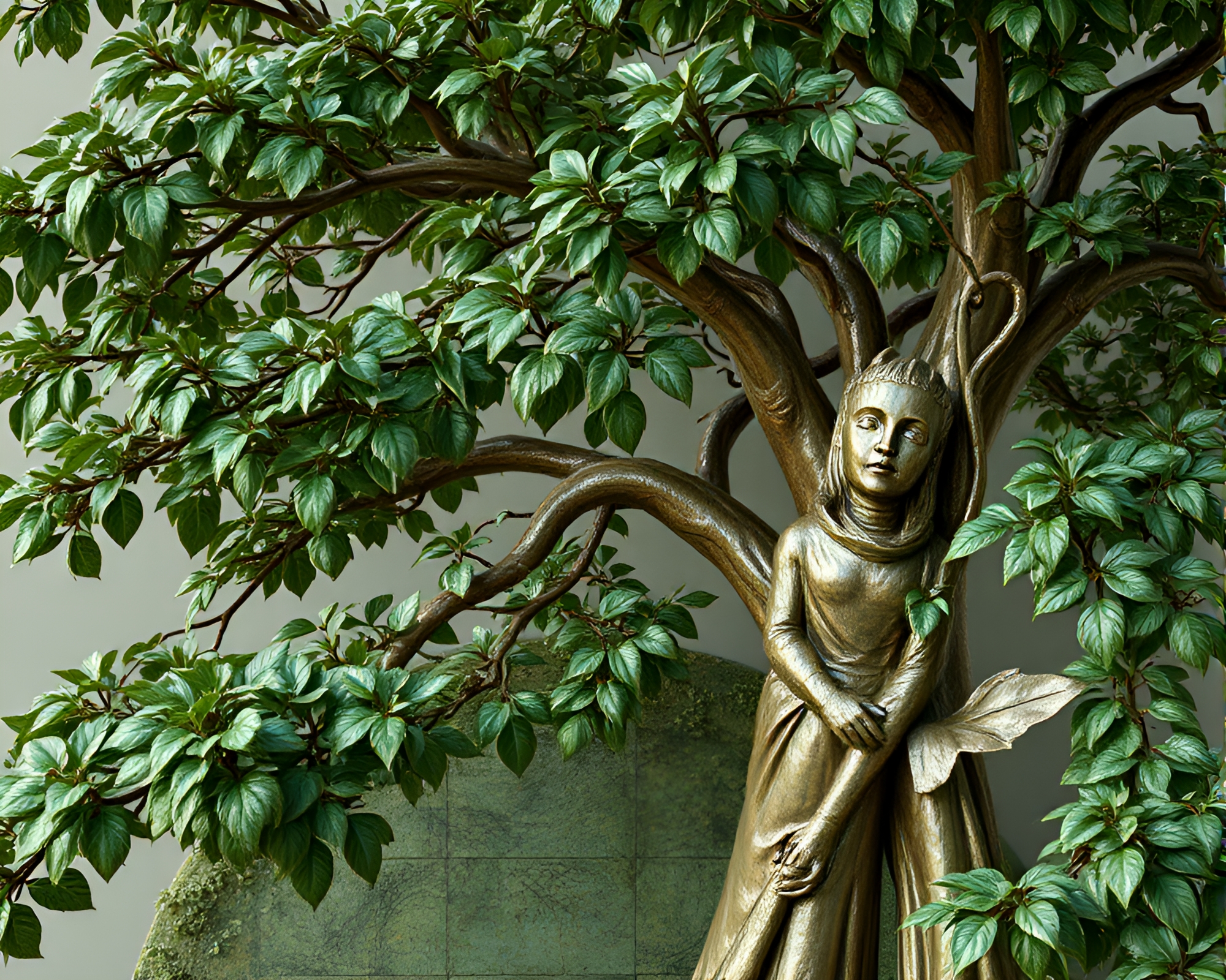 Enchanted Ancient Grove with Copper Verdigris Statue – free AI stock image