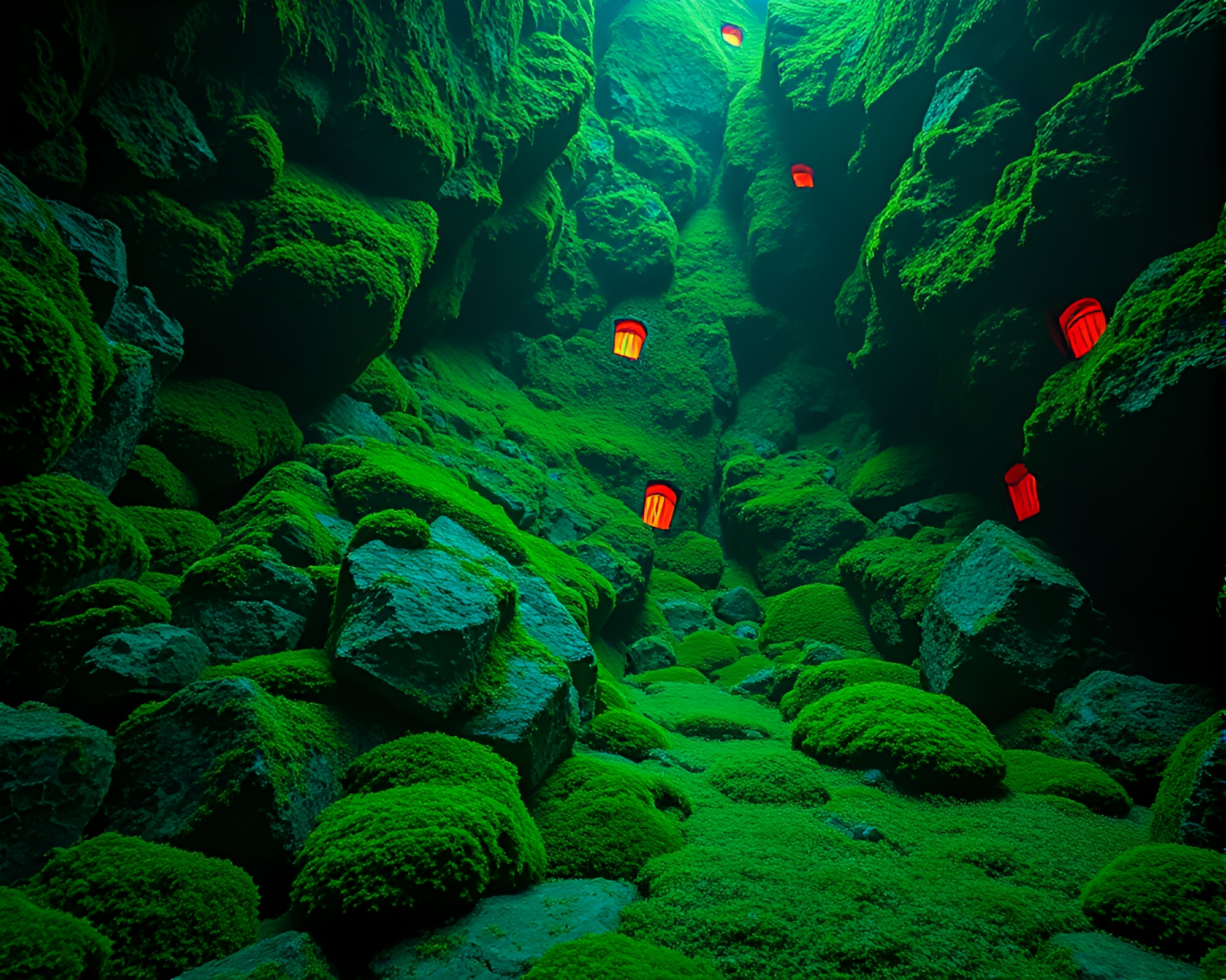 Synthwave Moss-Covered Rock Hexagonal Tiling Composition – free AI stock image