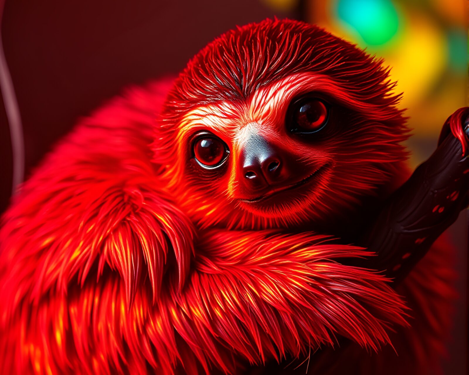 Majestic sloth against vibrant iridescent backdrop in a volcano glow