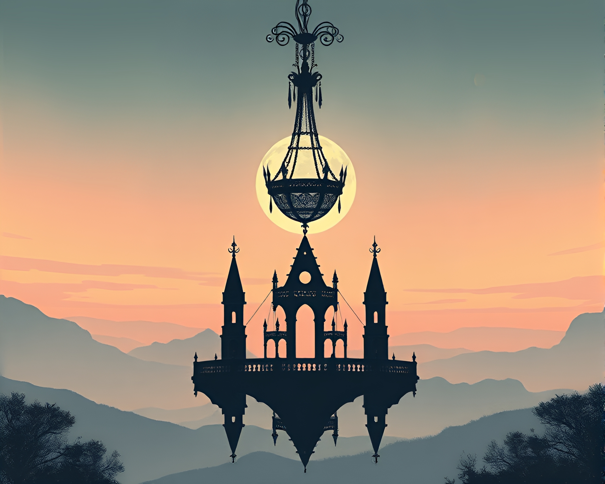 Gothic Chandelier Reflecting in Planetary Pastel Landscape – free AI stock image