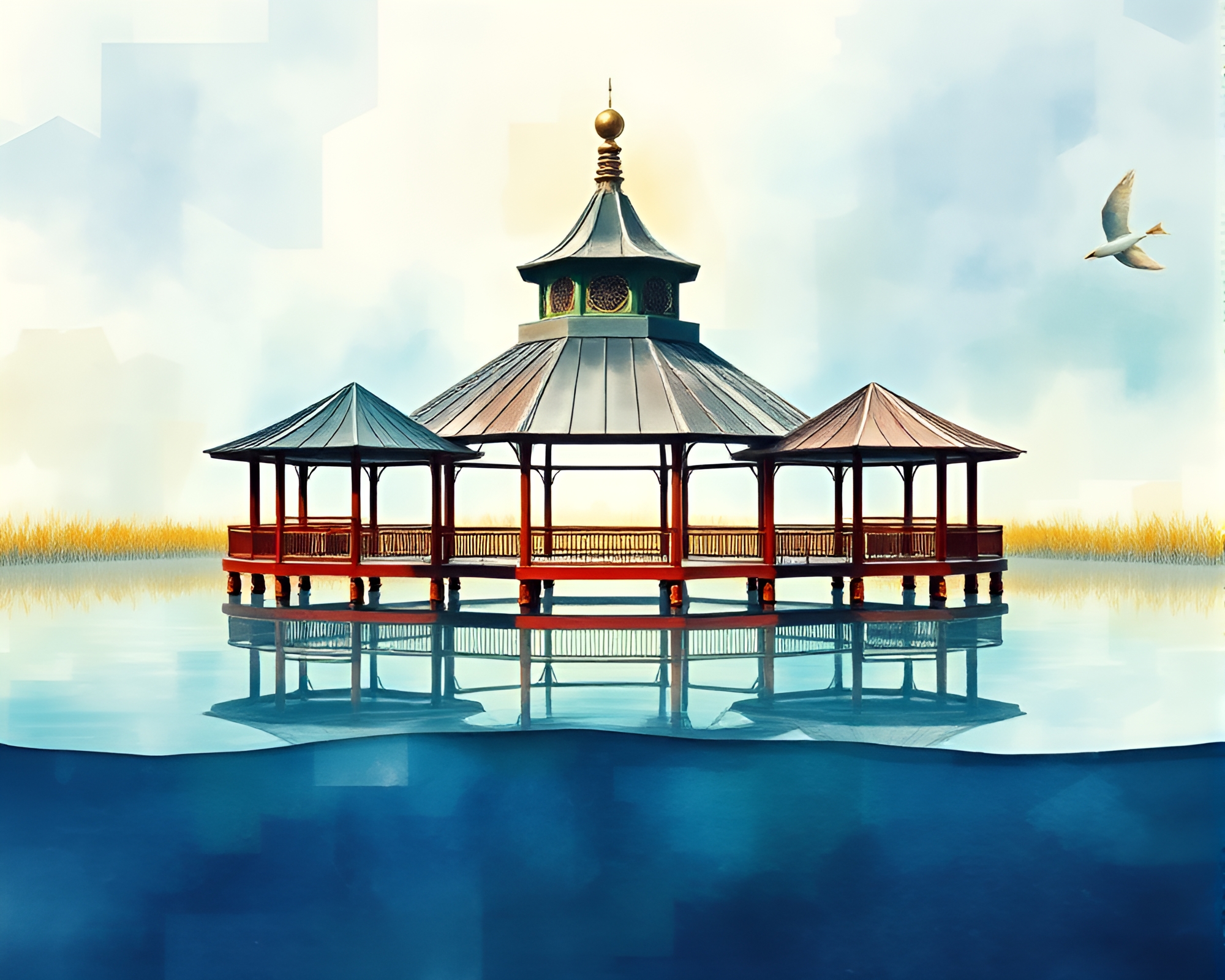 Serenity Pavilion: Wildlife Watercolor Reflections – free AI stock image