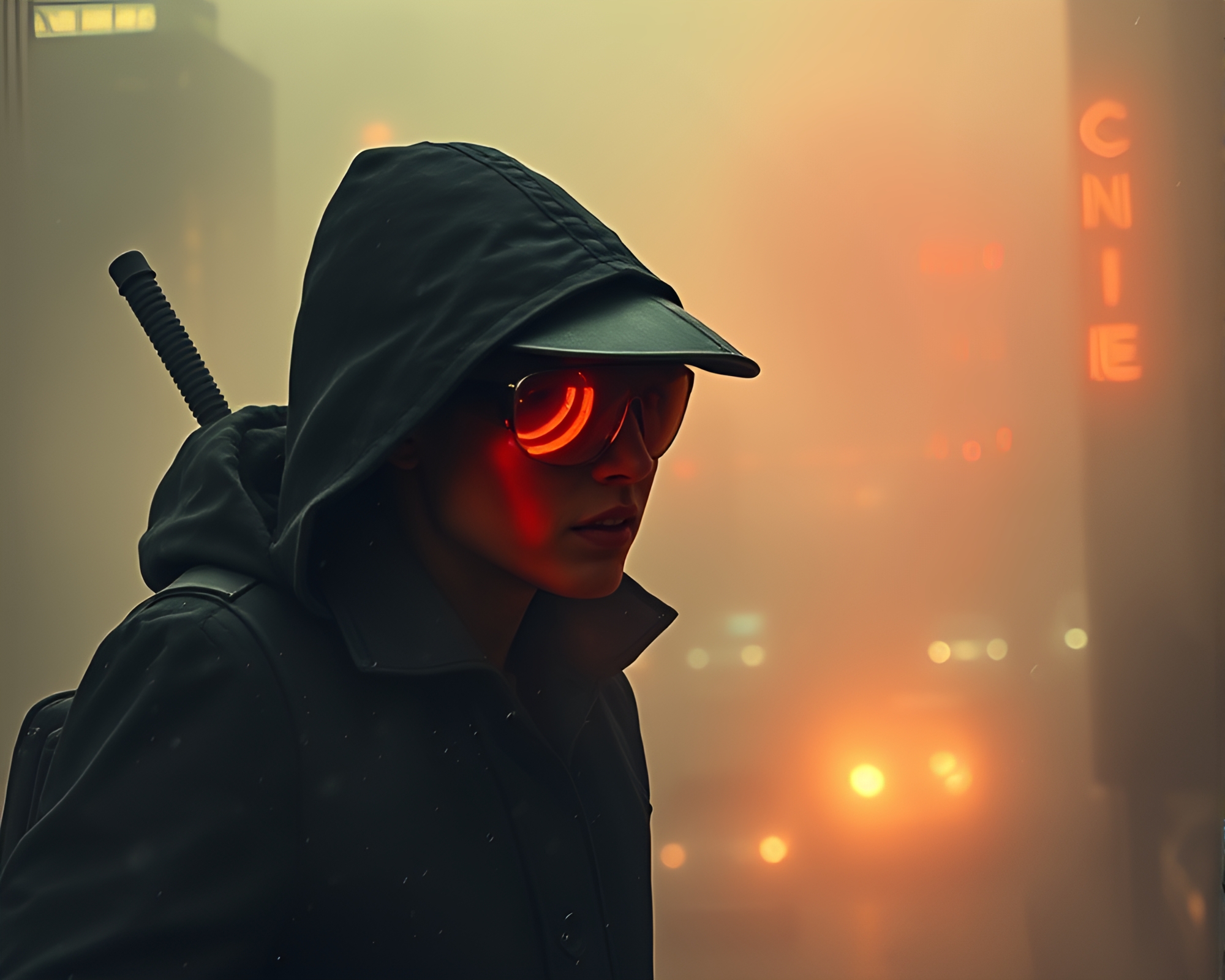 Cyberpunk Vigilante in Foggy Cityscape – free AI stock image