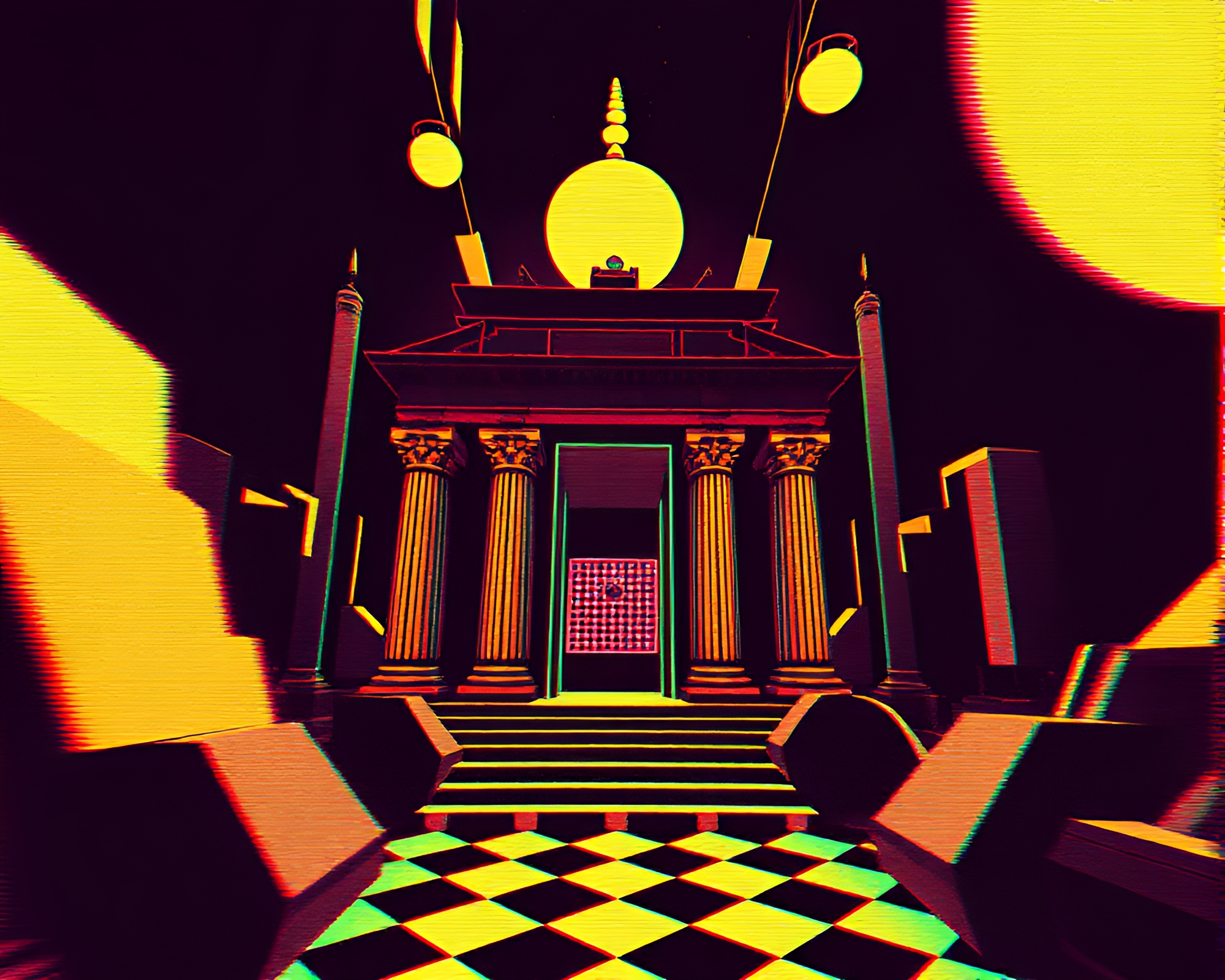 Glitch Temple: VHS Distorted Geometric Patterns – free AI stock image