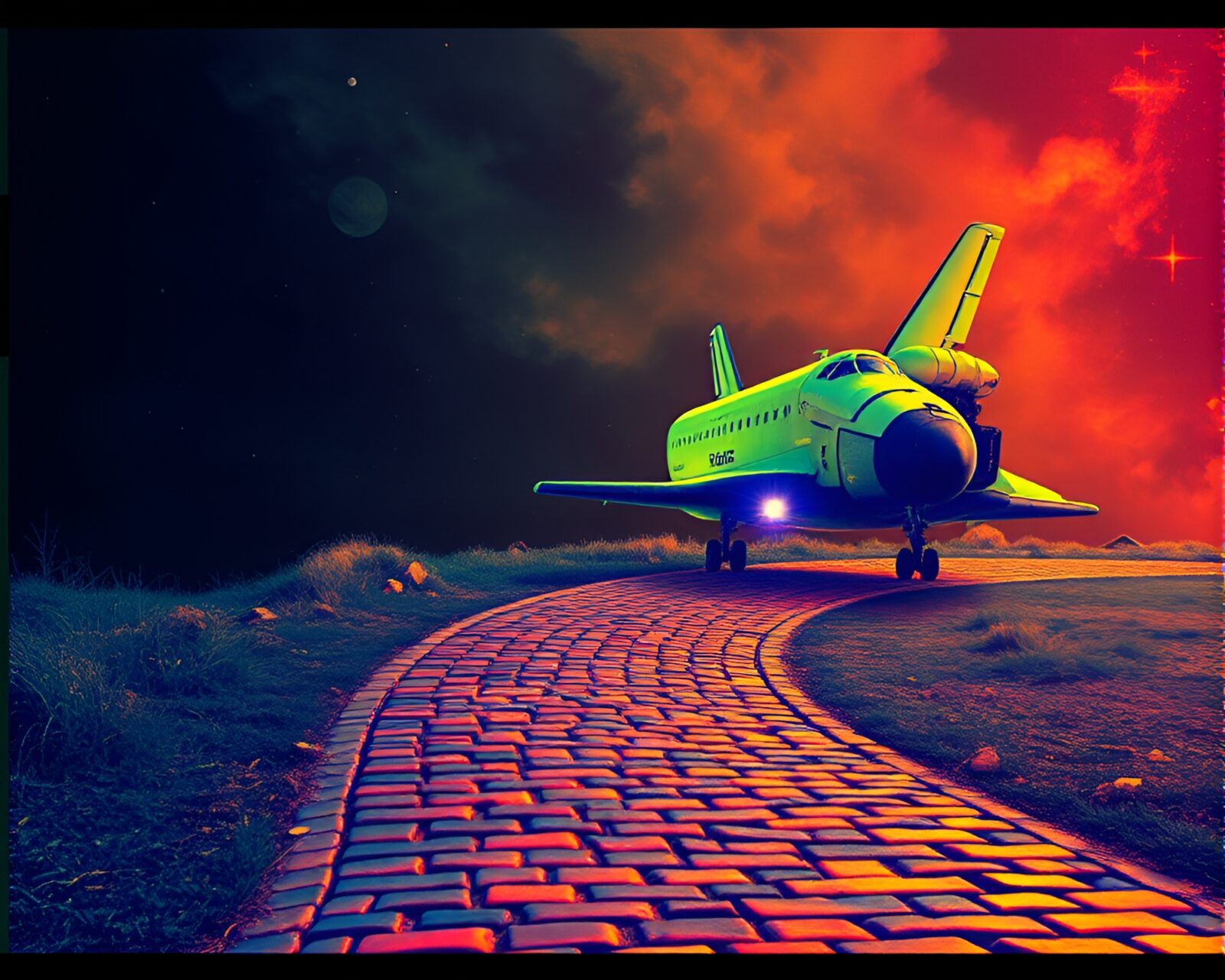 A space shuttle on a cobblestone path with thermal colors