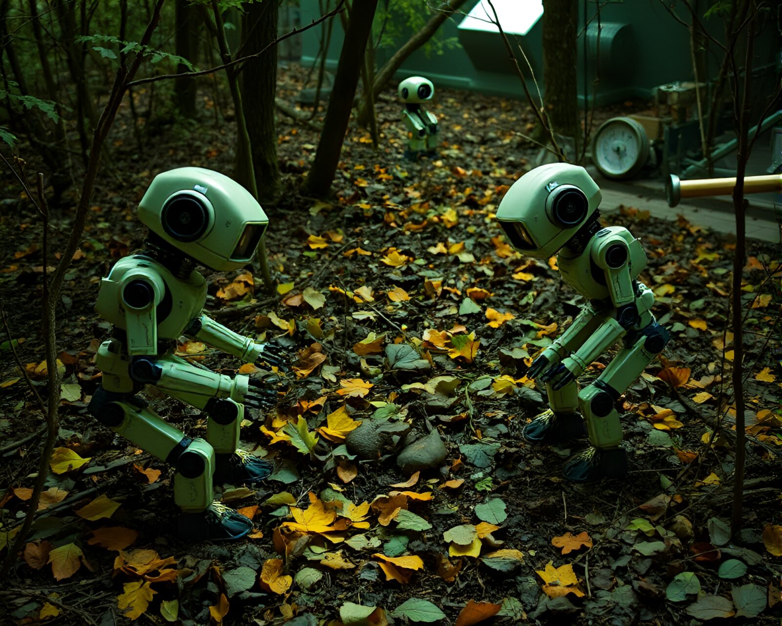 Robotic arms amidst leaf litter with sgraffito art style