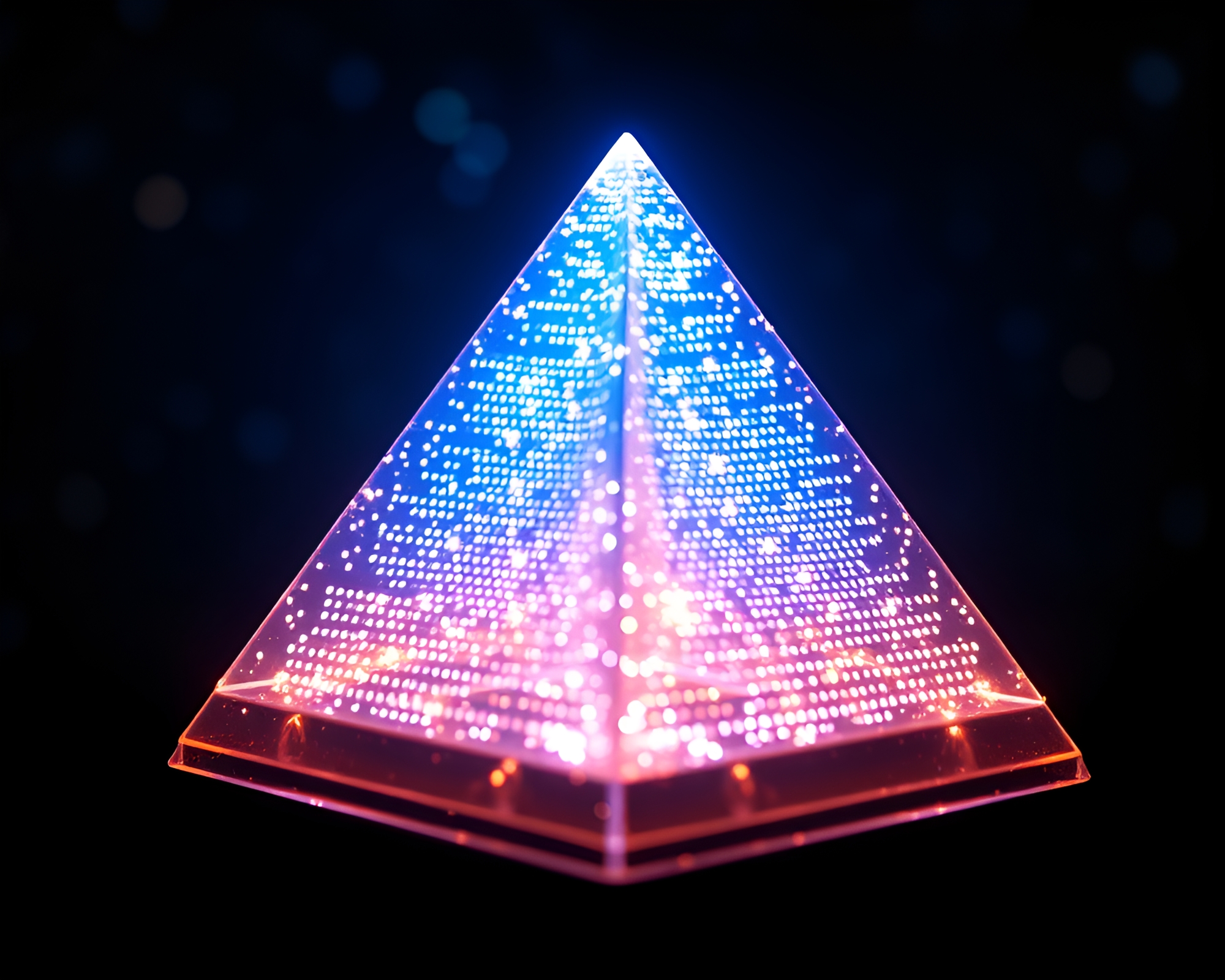 Glass Pyramid Illuminated by Fairy Light in Dot Matrix – free AI stock image