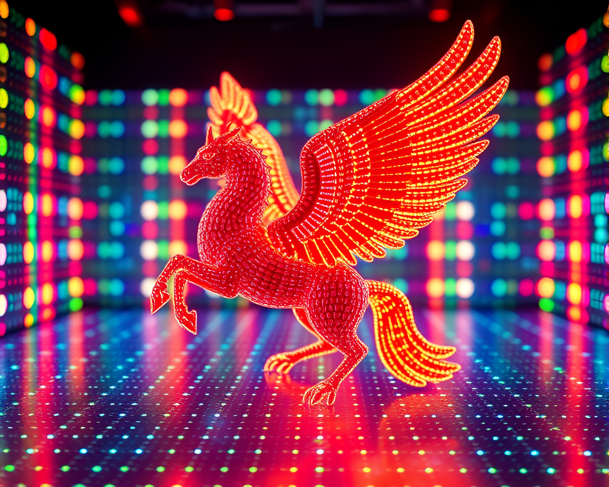 Spectacular Stereoscopic Pegasus Monument in LED Pixel Grid – free AI stock image