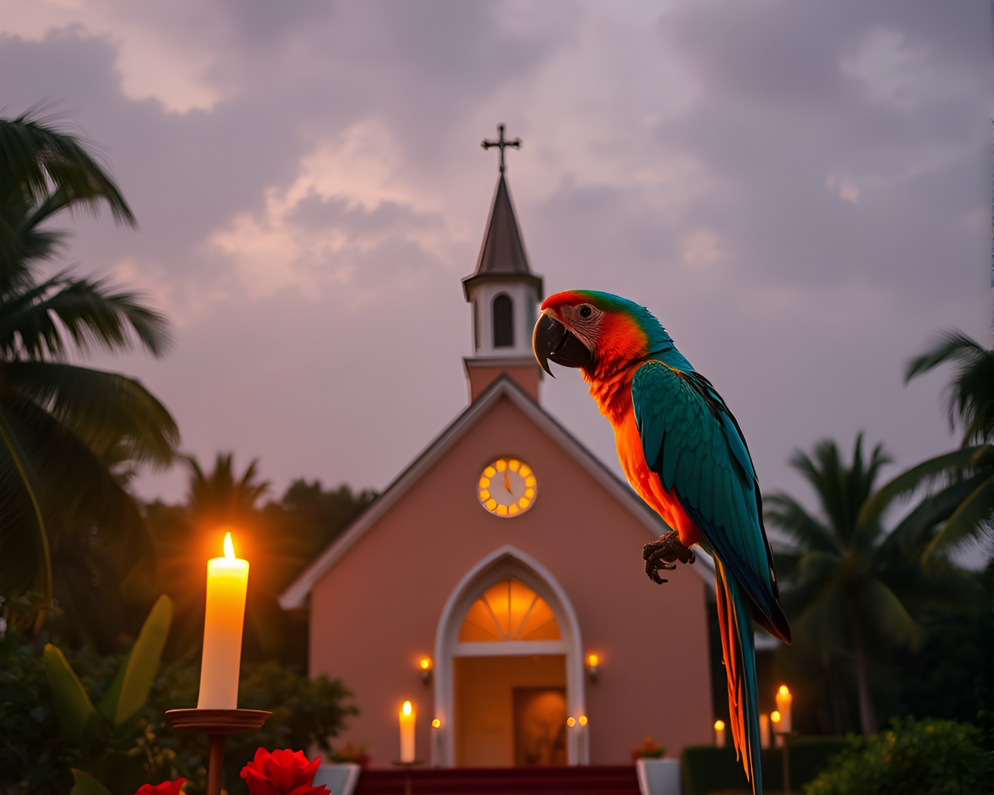 Tropical Parrot Bathed in Church Candlelight at Golden Hour – free AI stock image