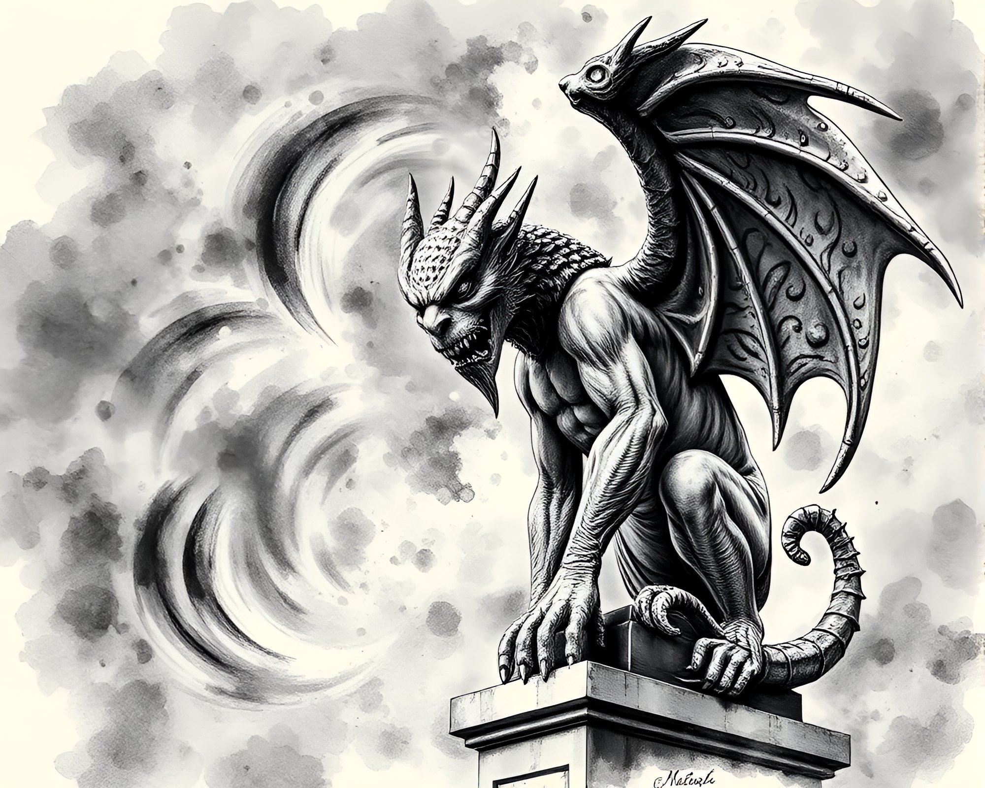 Mystical Gargoyle in Ink Wash Vortex – free AI stock image