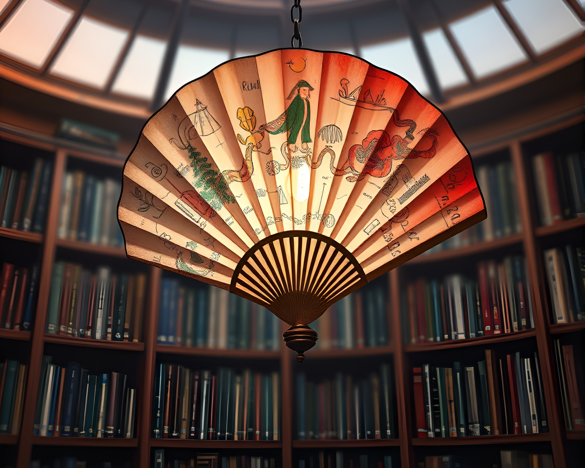 Chromatic Aberration Hand-painted Fan in Library Lamp Light – free AI stock image