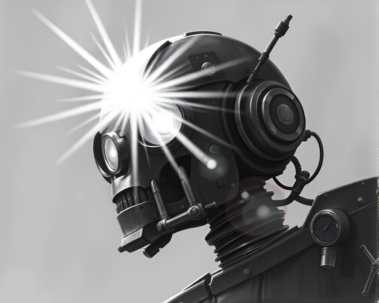 A steampunk robot in ethereal graphite gray lighting