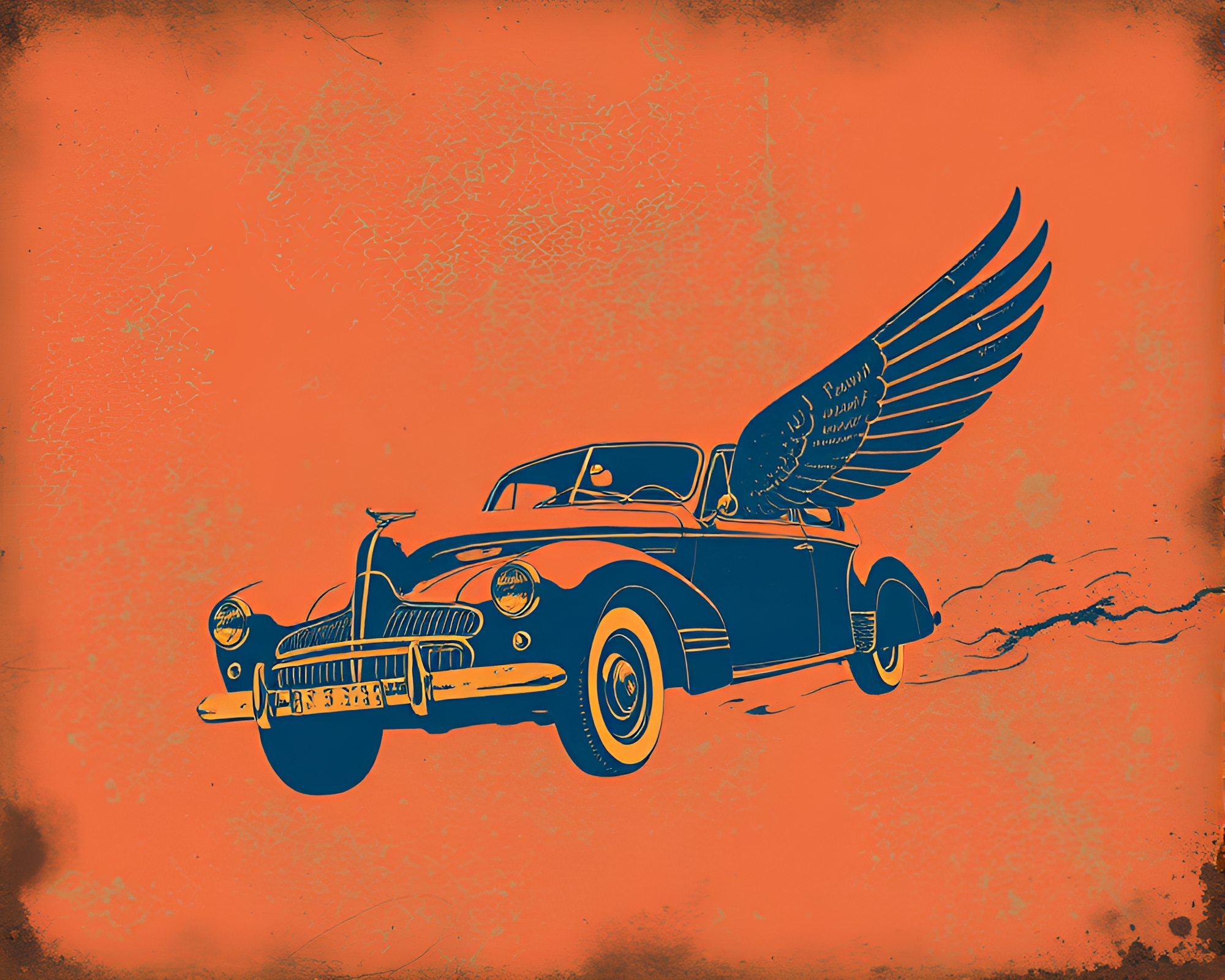 Rust Patina Flying Car Under Red-Blue Sky – free AI stock image
