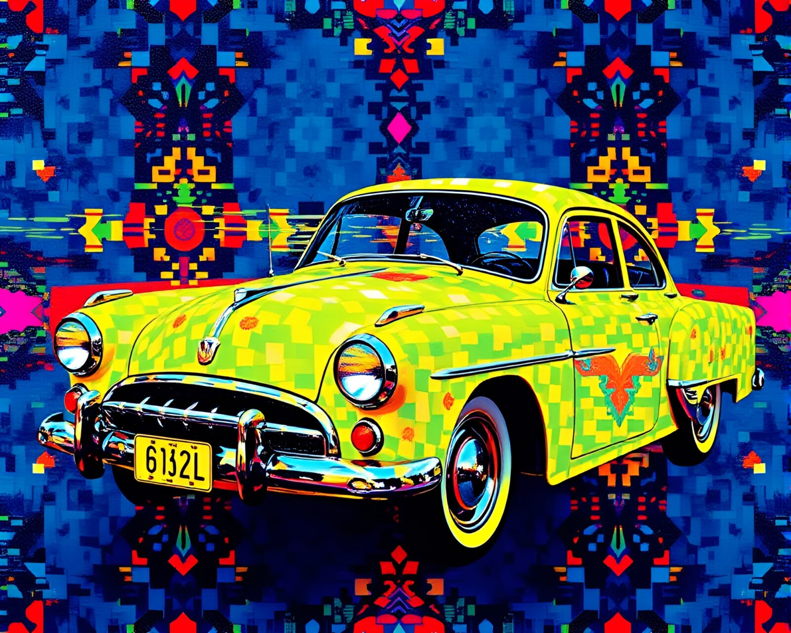 Colorful kaleidoscope-like flying car on grid background