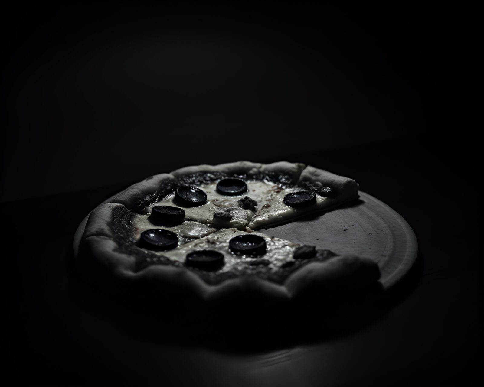 Moody underexposed pizza slice in high-contrast noir style