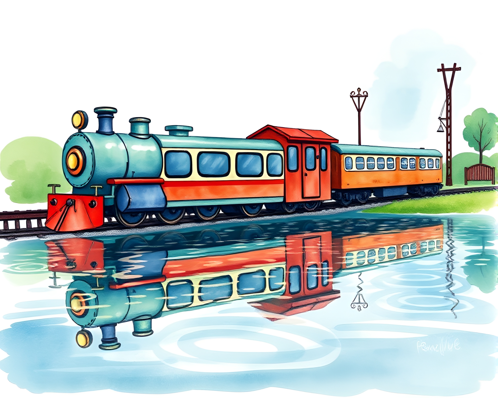 Fantasy Train Reflection Ripples in Cartoon Watercolor Style – free AI stock image