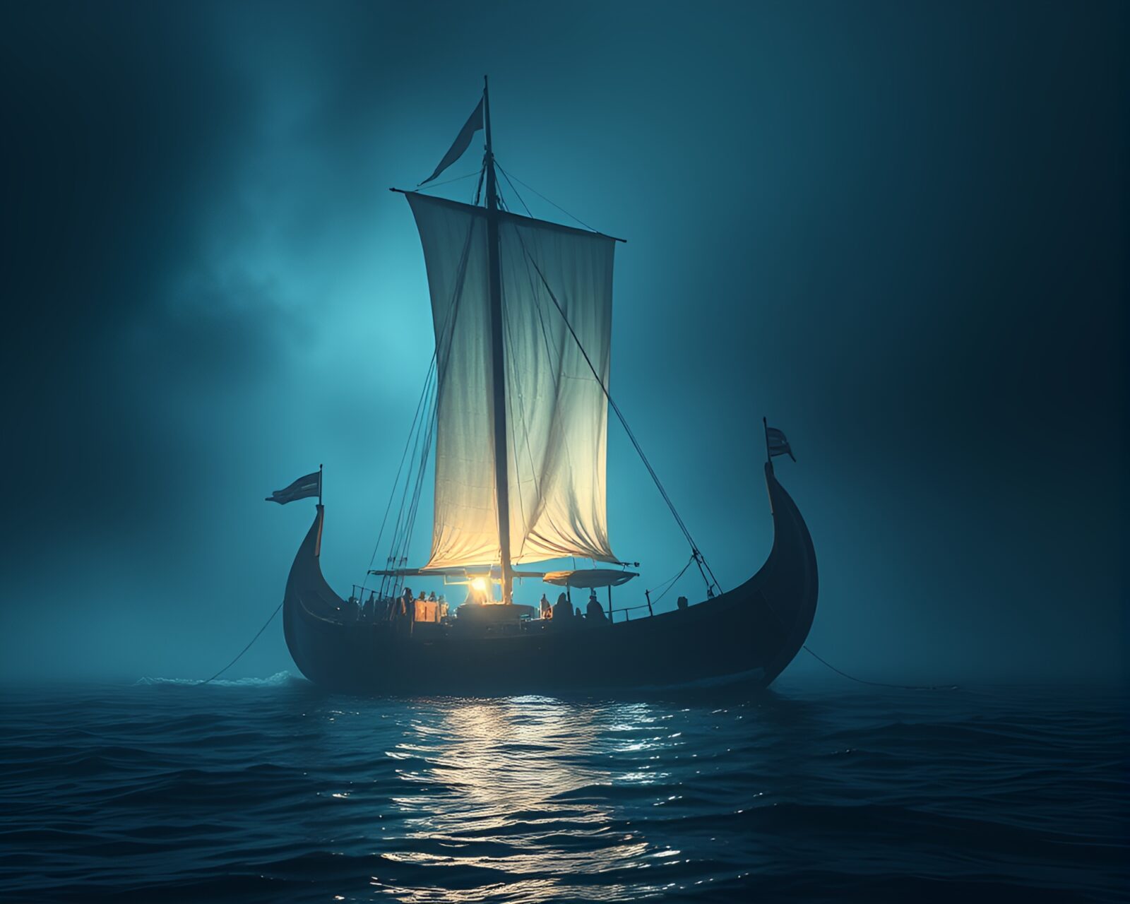 A Viking longship sailing through mist with glowing lens flare