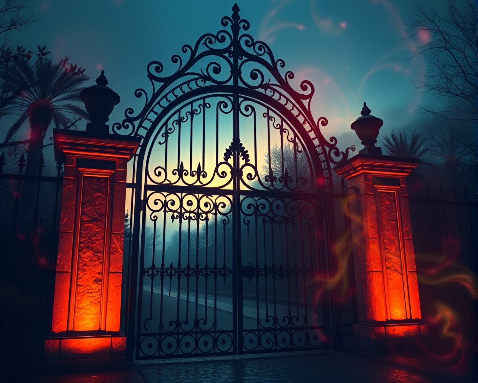 Futuristic glowing fractal pattern on elaborate metal gate