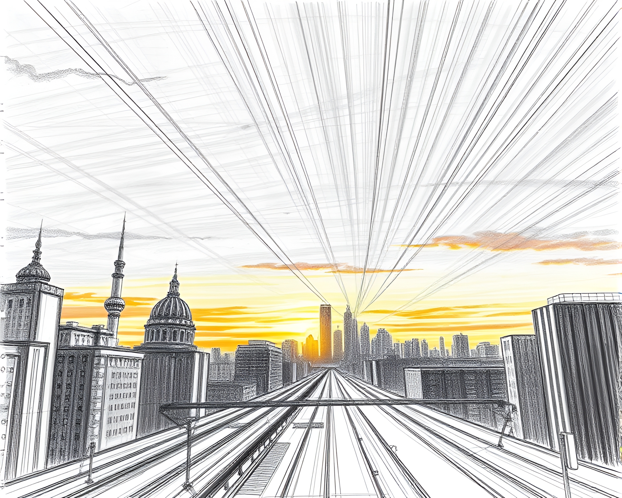 Quantum Twilight: Skyline Sunset Pencil Sketch – free AI stock image