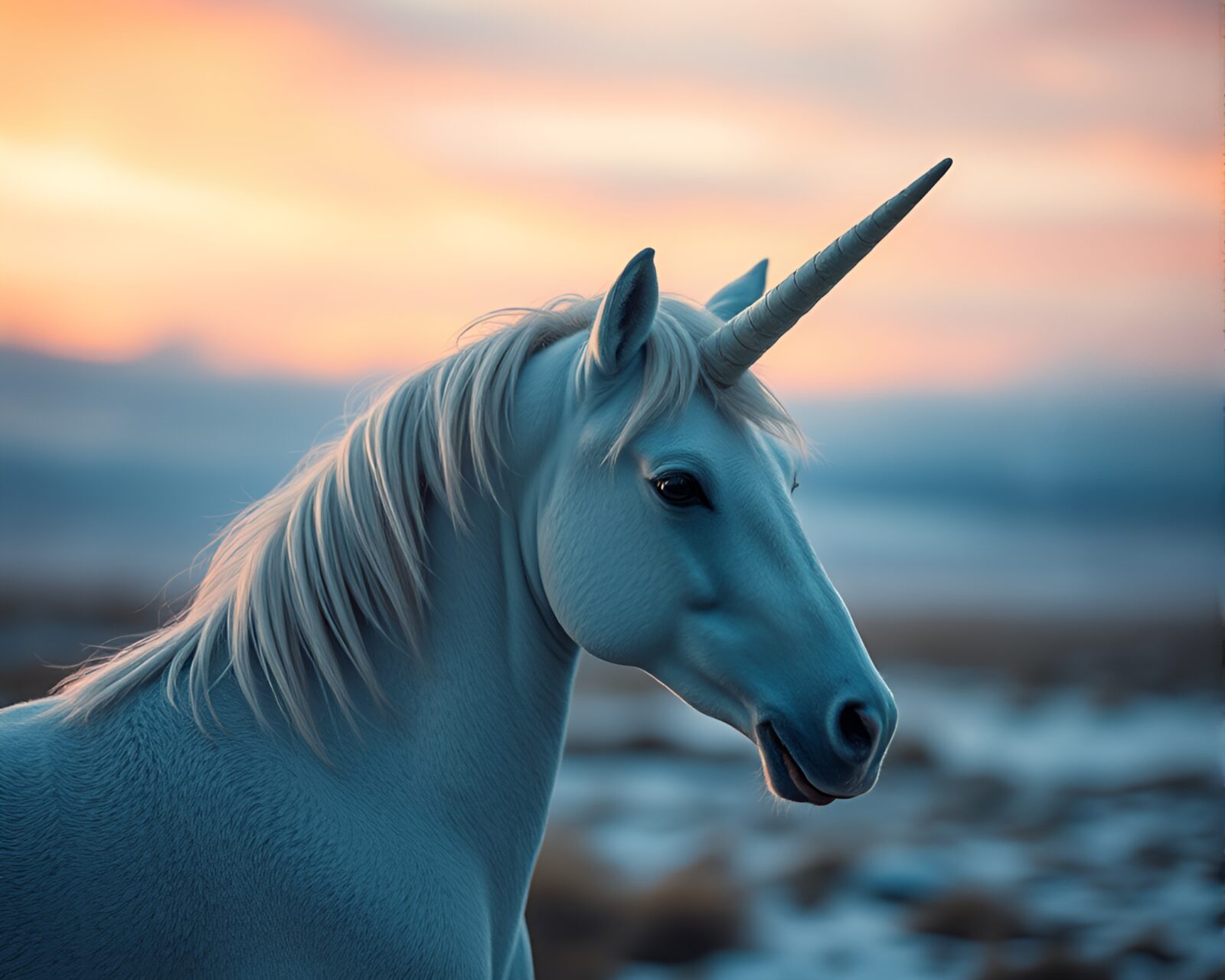 Magical unicorn horn glowing under polar twilight sky