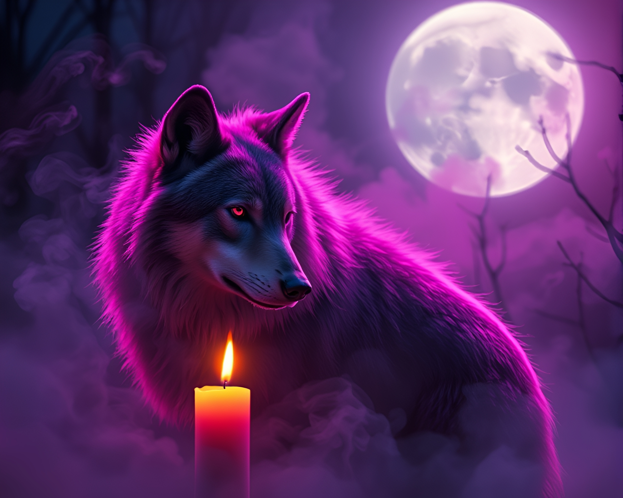 Moonlit Wolf Blowing Neon Smoke Rings in Candlelit Scene – free AI stock image