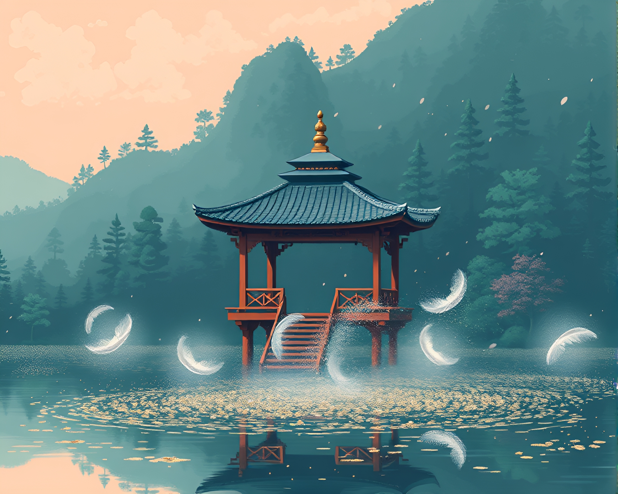 Feather Dusting 8-Bit Floating Pavilion – free AI stock image