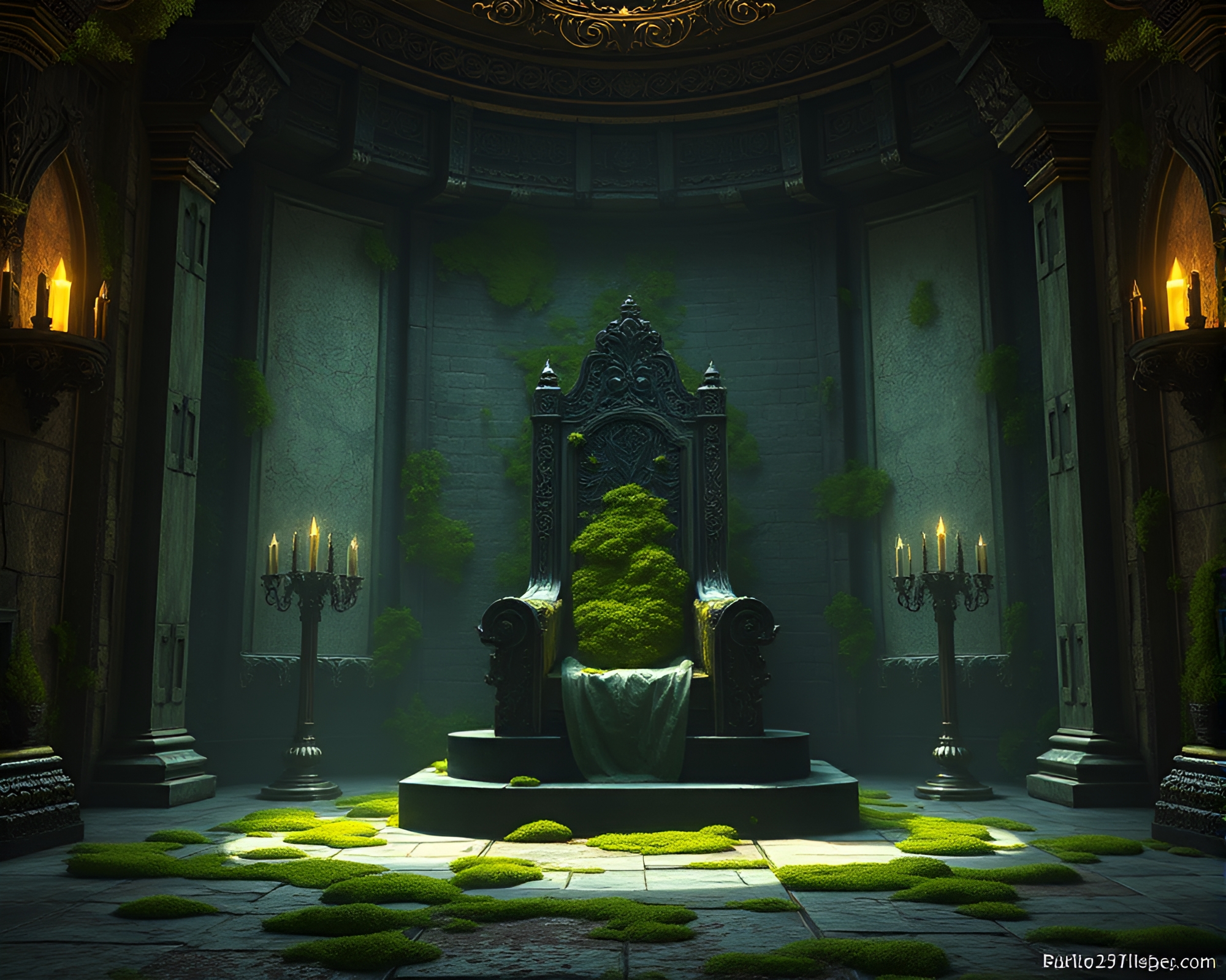 Sword-wielding Moss Warrior in Enchanted Throne Room – free AI stock image