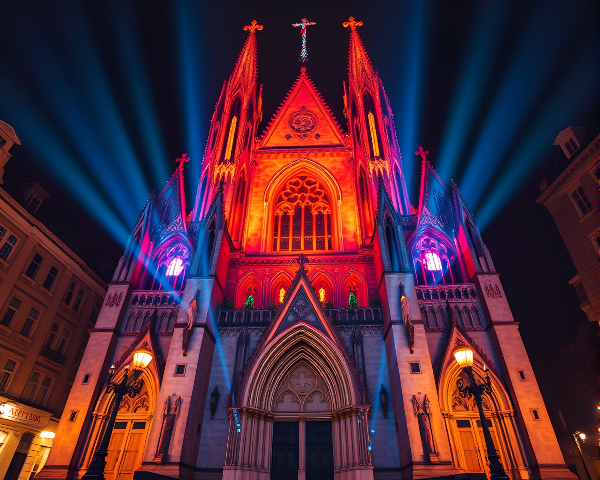 Gothic Cathedral Street Art with Neon Glow – free AI stock image