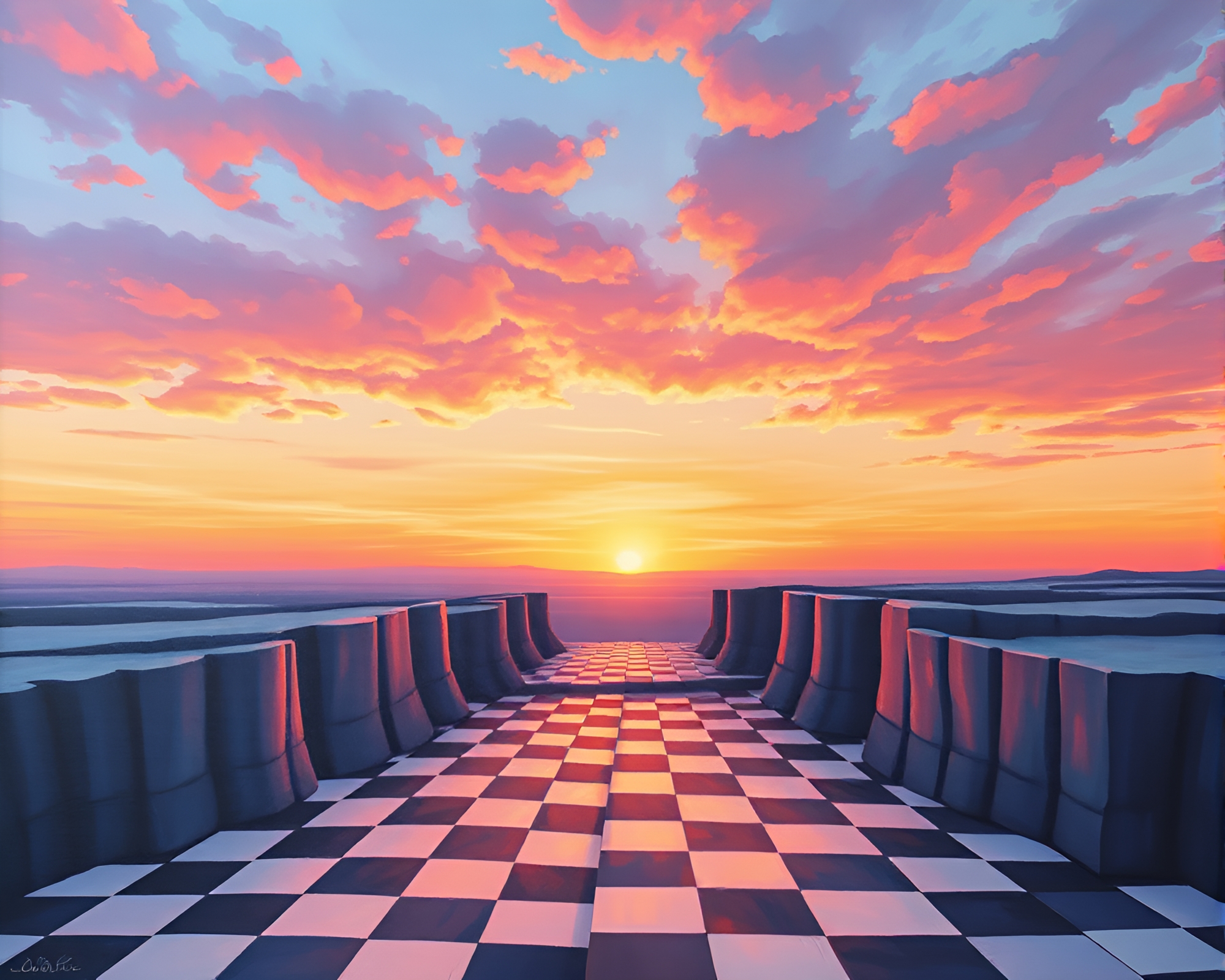 Checkered Twilight Rift: Pastel Sunrise Oil Painting – free AI stock image
