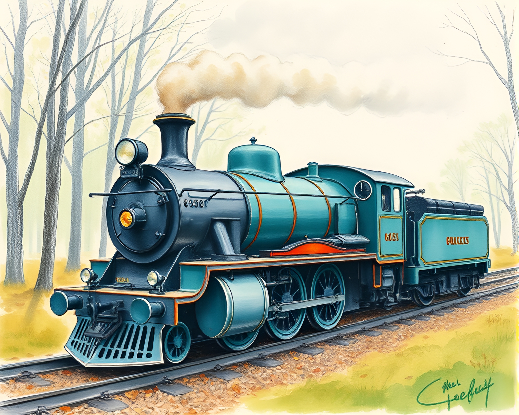 Teal Serenity: Steam Locomotive Amidst Leaf Litter – free AI stock image