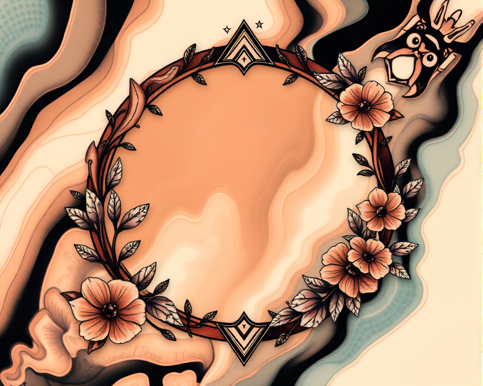 Glowing forest illusion framed in vibrant tattoo flash art