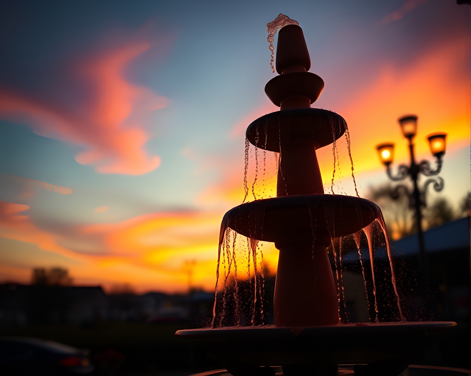 Sunset Chocolate Fountain with Split Focus Diopter Vignette – free AI stock image