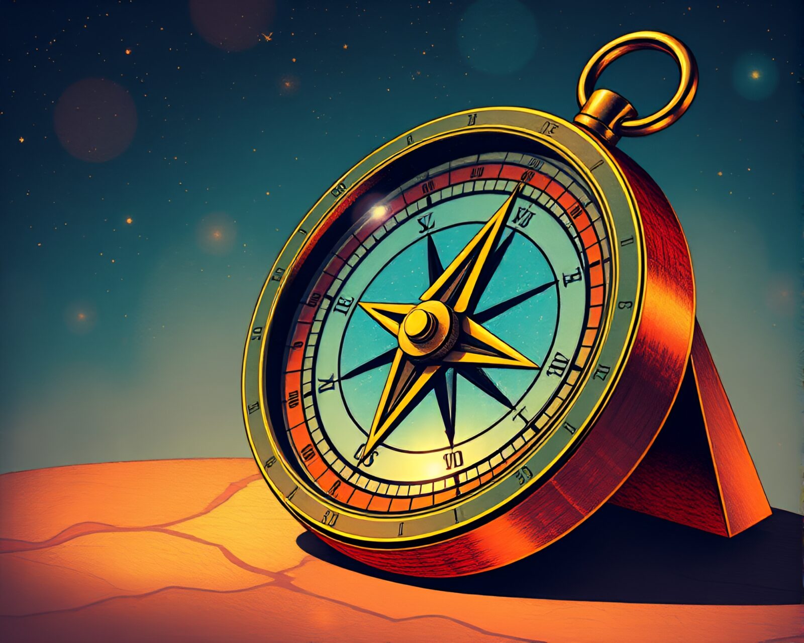 Tilted angle image of detailed pocket sundial in vivid colors