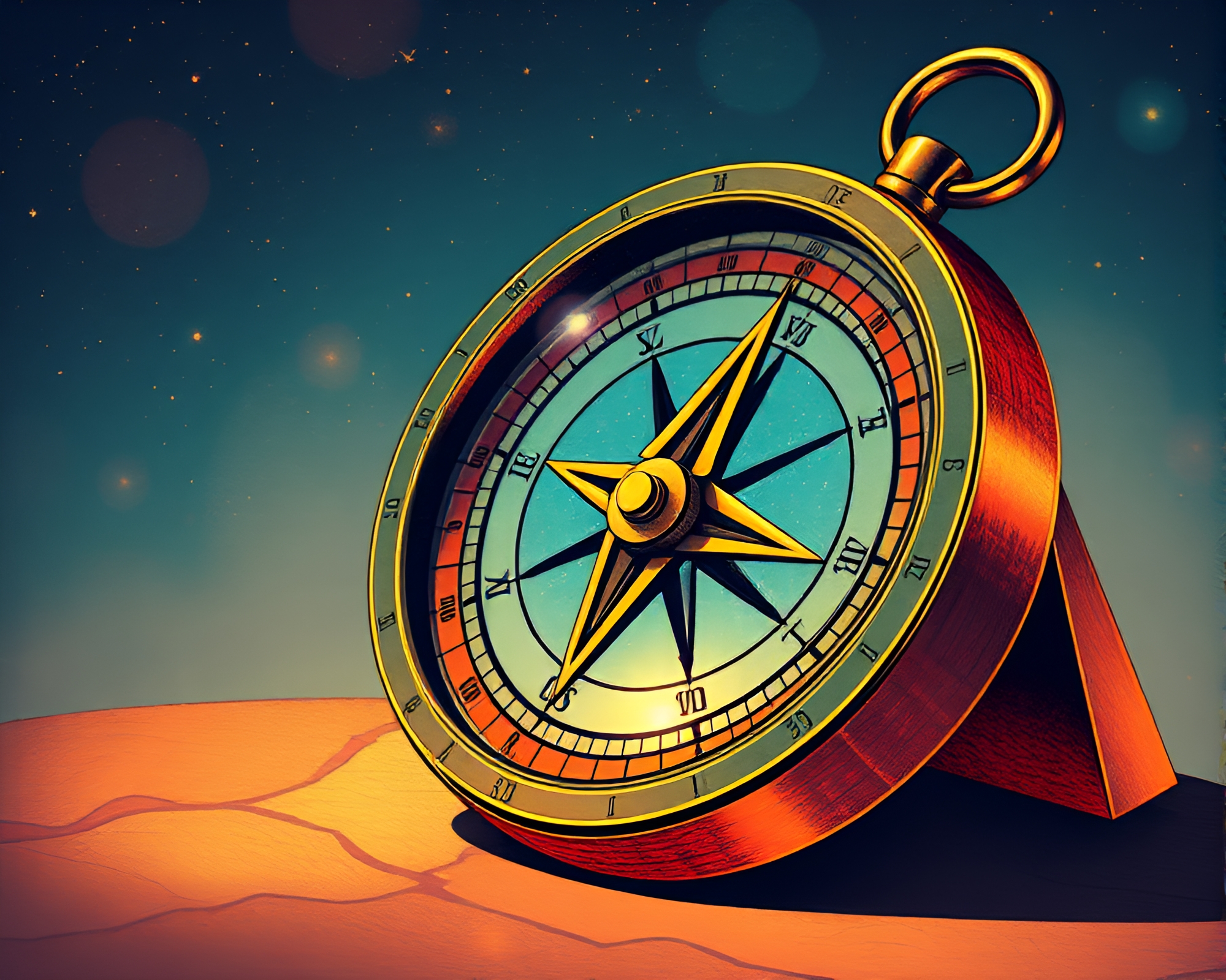 Graphic novel pocket sundial under jewel-tone lighting – free AI stock image