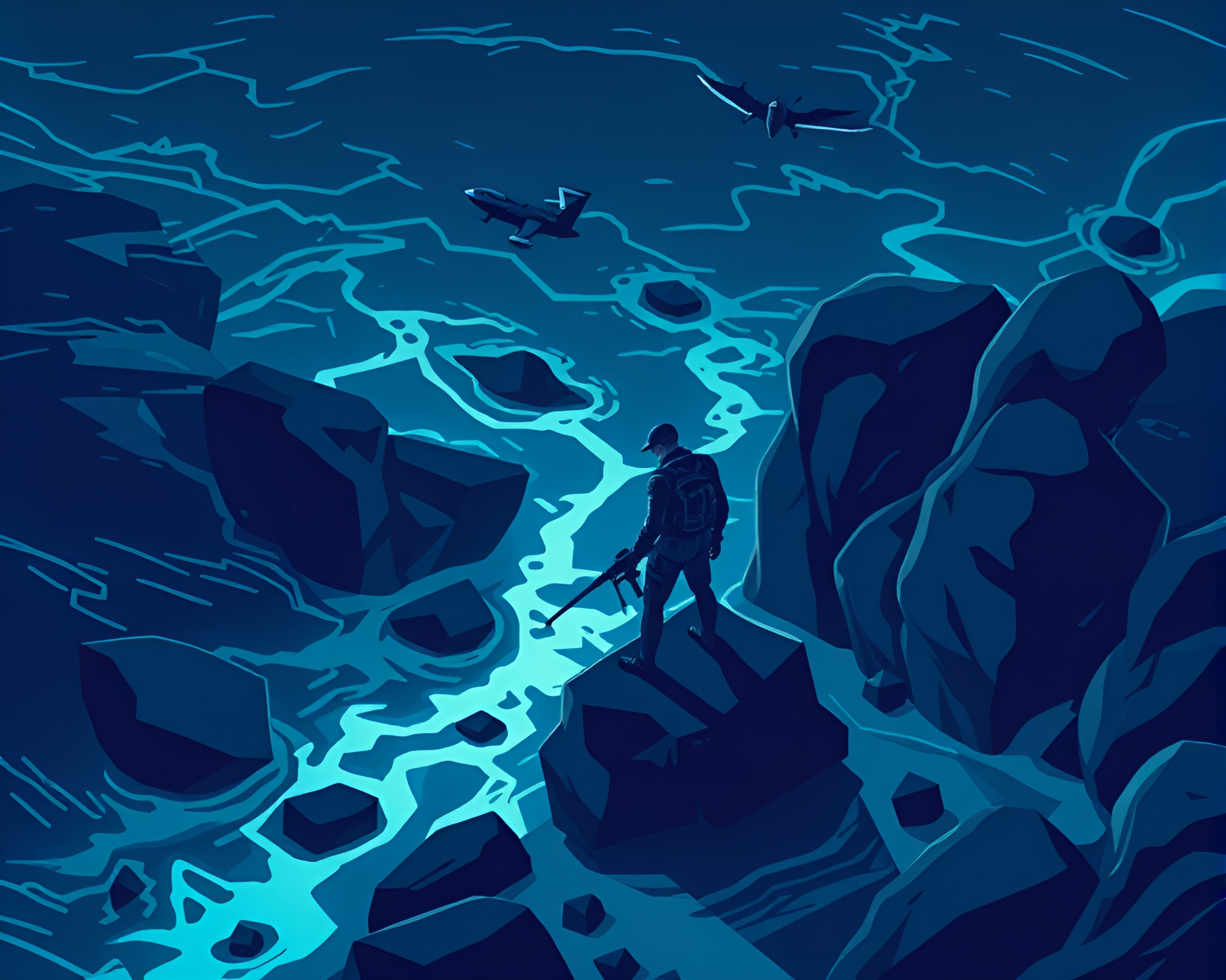 Ocean-Blue Cyberpunk Vigilante in Isometric Negative Space – free AI stock image